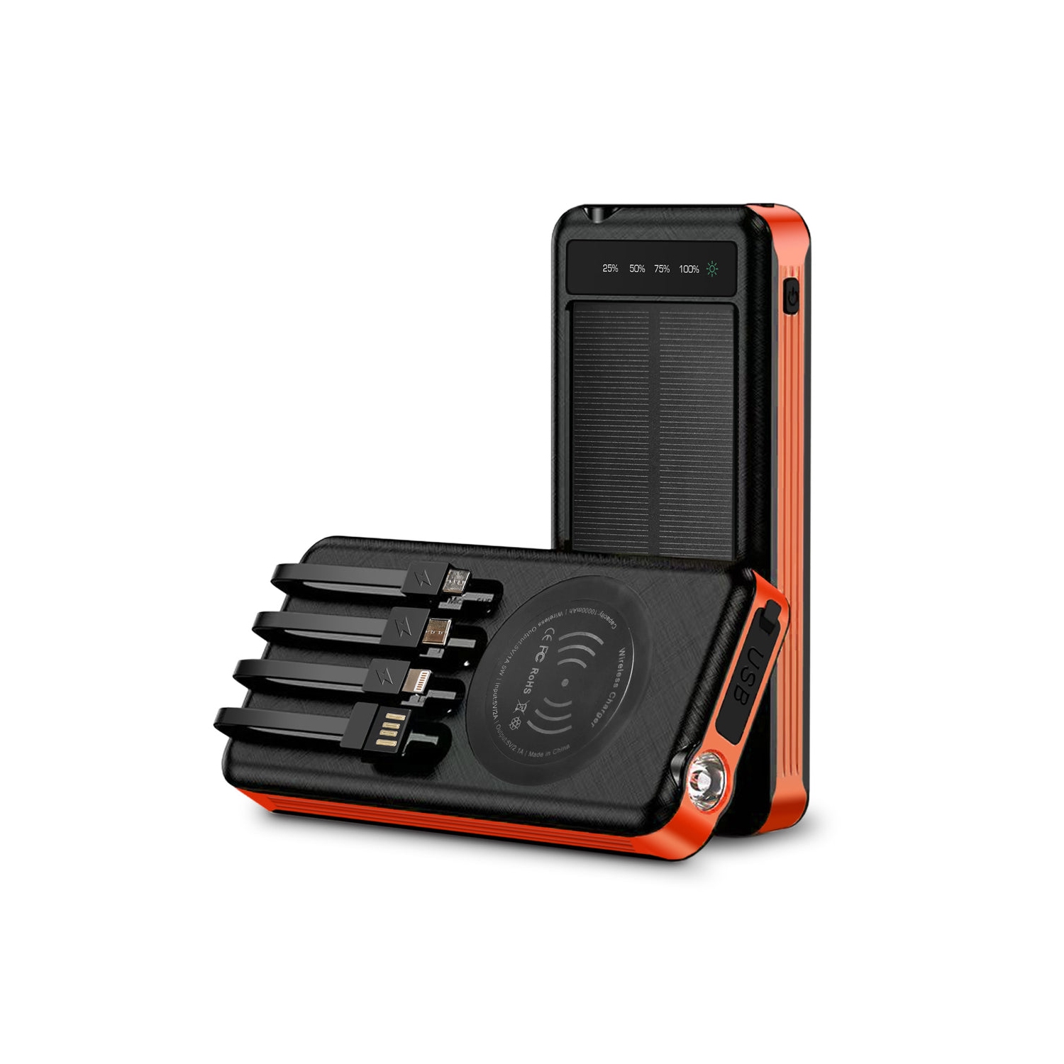 Chargeur portable d'extérieur Alpha Digital, batterie 10.000&nbsp;mAh, solaire, recharge sans fil, câbles intégrés, IP65Water/résistant à la