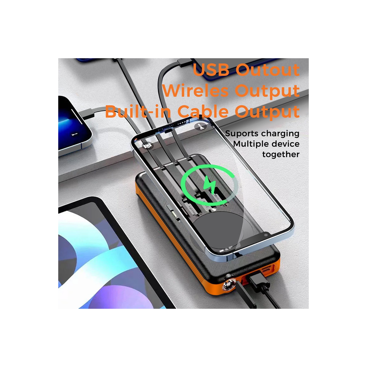 Chargeur portable d'extérieur Alpha Digital, batterie 10.000&nbsp;mAh, solaire, recharge sans fil, câbles intégrés, IP65Water/résistant à la