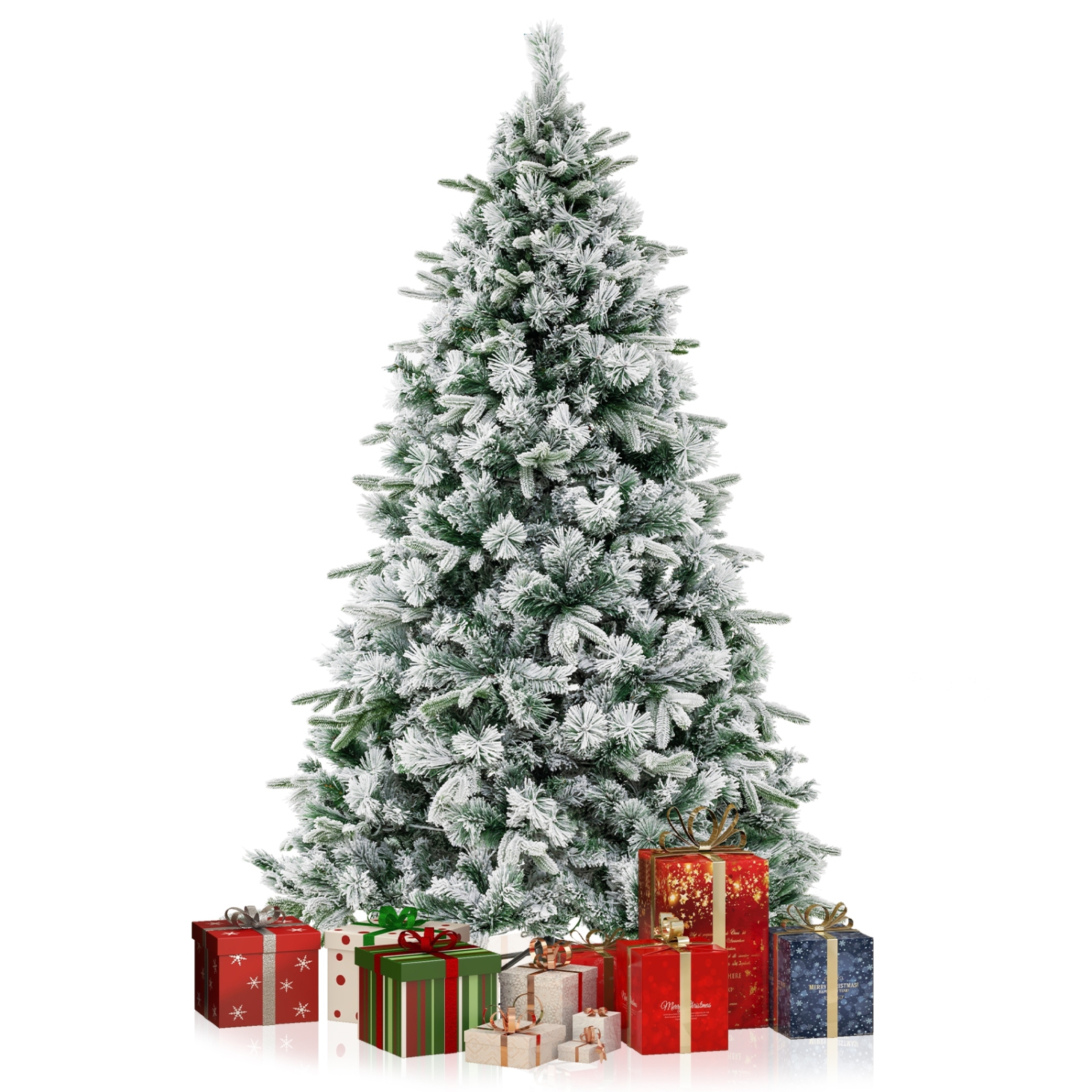 Topbuy 6/7 FT Pre-lit Artificial Christmas Tree Snow-flocked Xmas Tree with 250/300 Warm White LED Lights 752/1096 Mixed Branch Tips