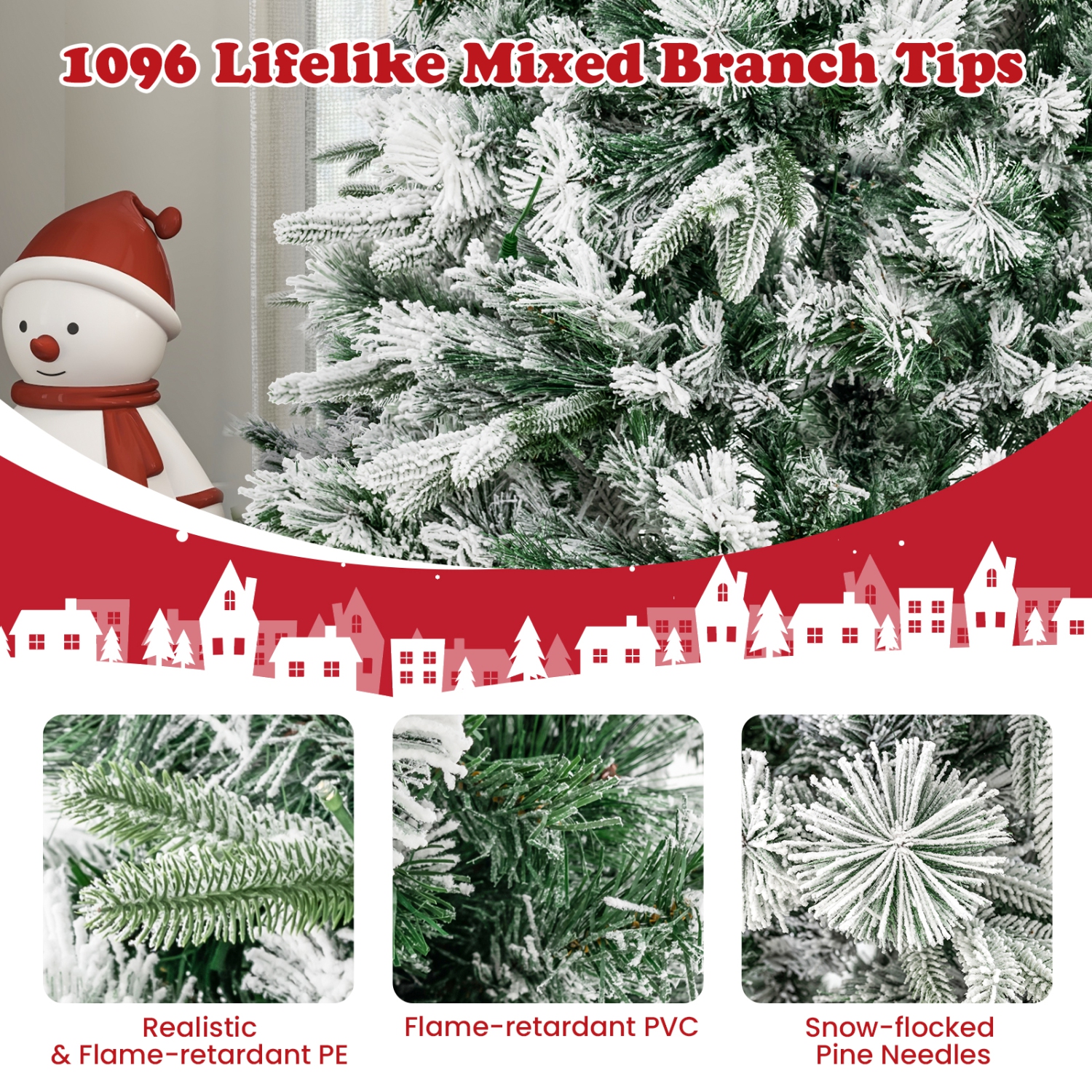 Topbuy 6/7 FT Pre-lit Artificial Christmas Tree Snow-flocked Xmas Tree with 250/300 Warm White LED Lights 752/1096 Mixed Branch Tips