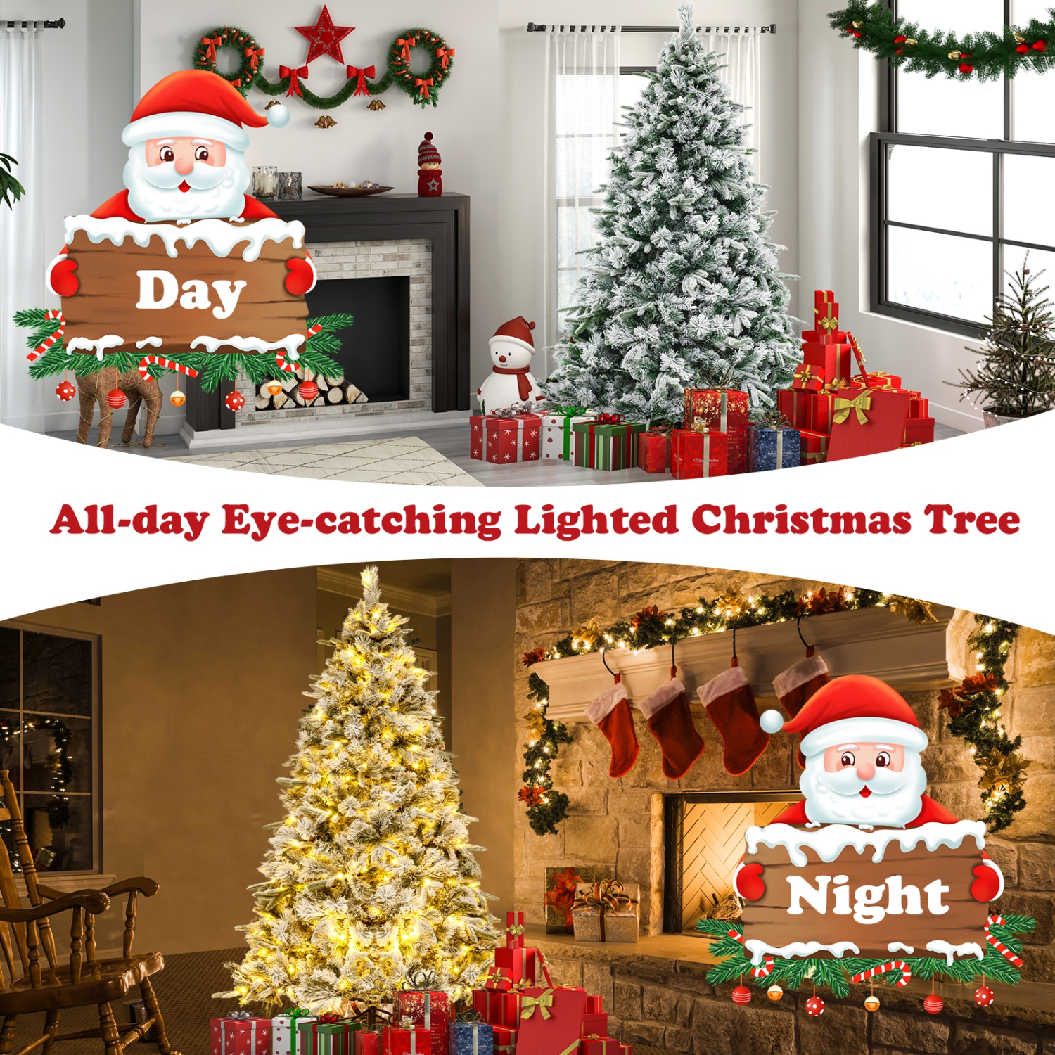 Topbuy 6/7 FT Pre-lit Artificial Christmas Tree Snow-flocked Xmas Tree with 250/300 Warm White LED Lights 752/1096 Mixed Branch Tips