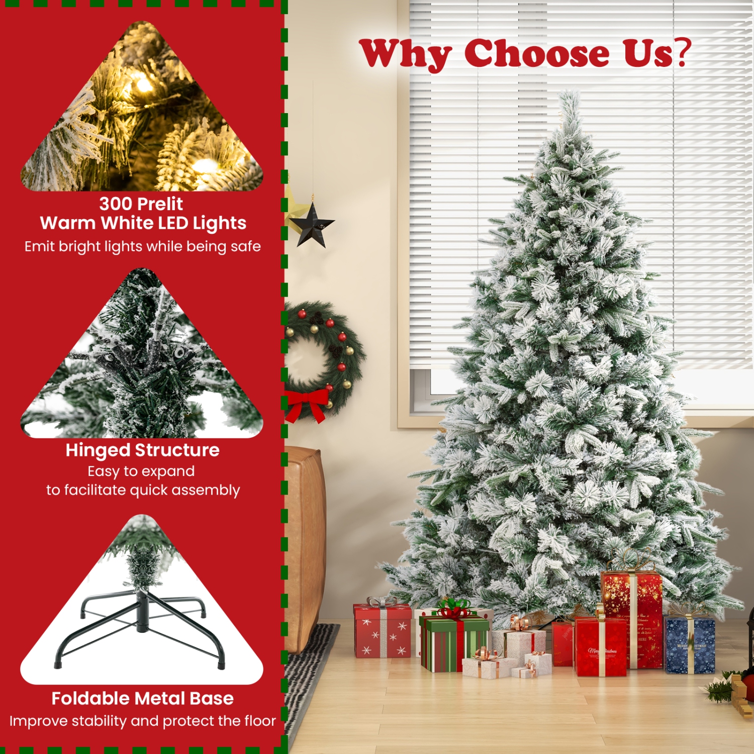 Topbuy 6/7 FT Pre-lit Artificial Christmas Tree Snow-flocked Xmas Tree with 250/300 Warm White LED Lights 752/1096 Mixed Branch Tips