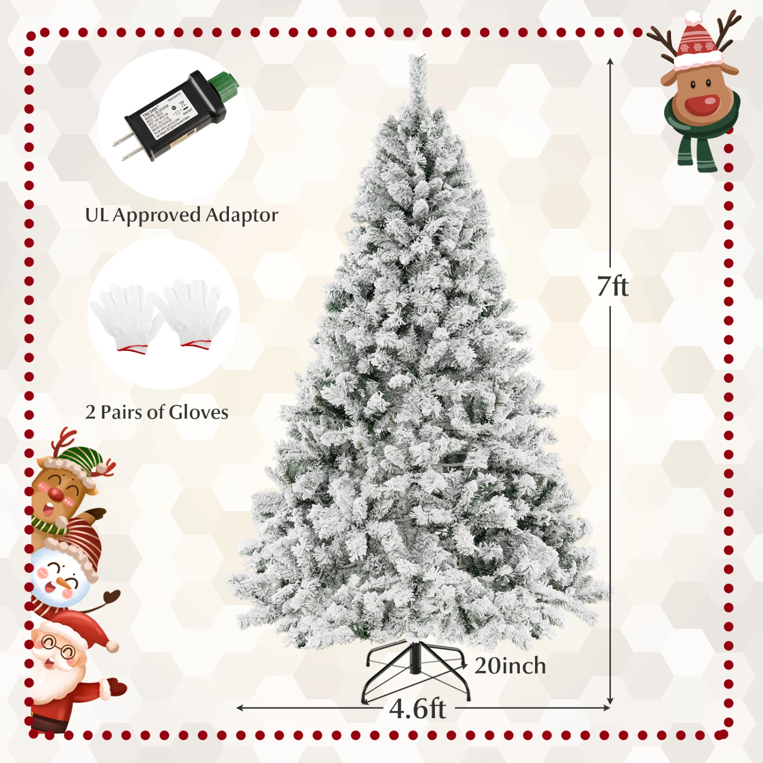 Arbre de Noël illuminé artificiel à charnières de Noël floqué à neige Topbuy de 6 pi/7/8 pi avec 644/956/1370 embouts de branche 300/450/600 lumières