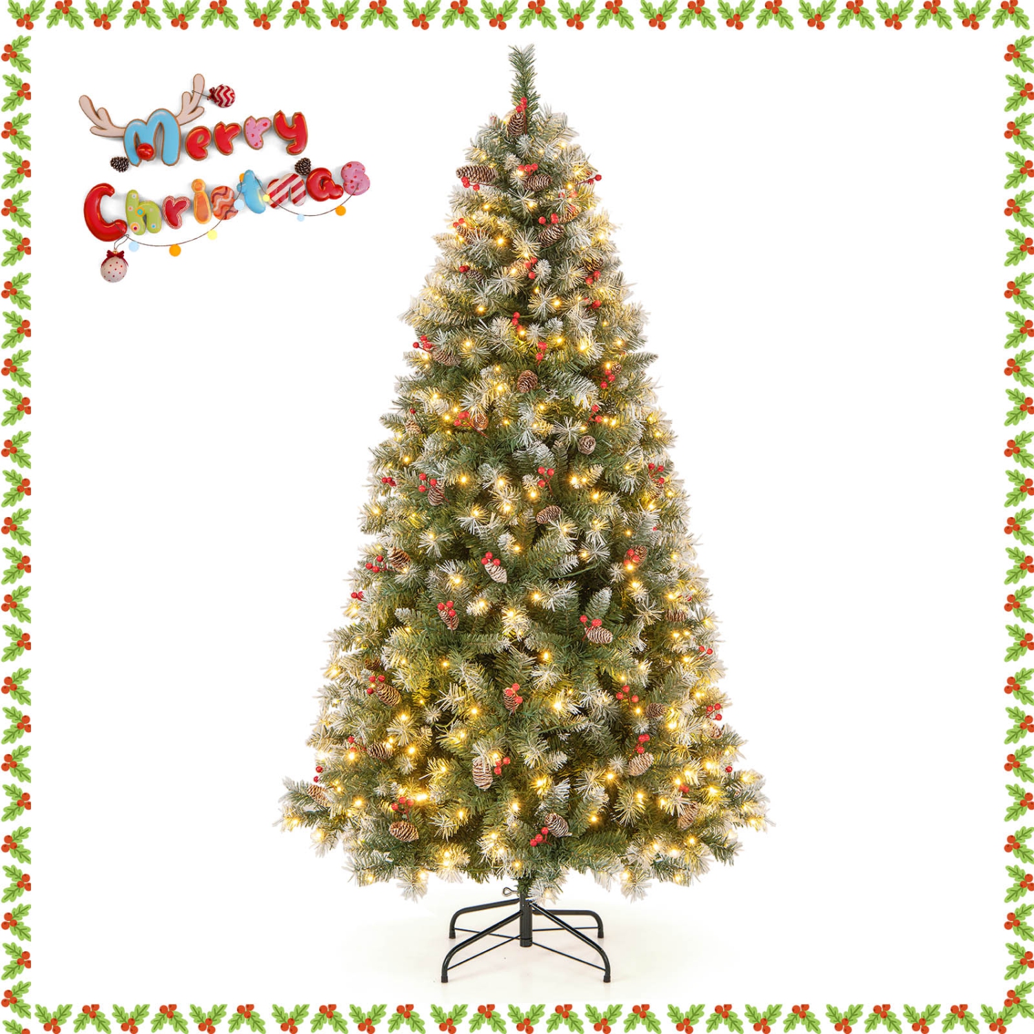 Topbuy 5ft/6.5ft/7.5ft/9ft Pre-lit Artificial Christmas Tree Pre-decorated Hinged Xmas Tree with 450/909/1368/1740 Branch Tips 200/420/560/650 LED