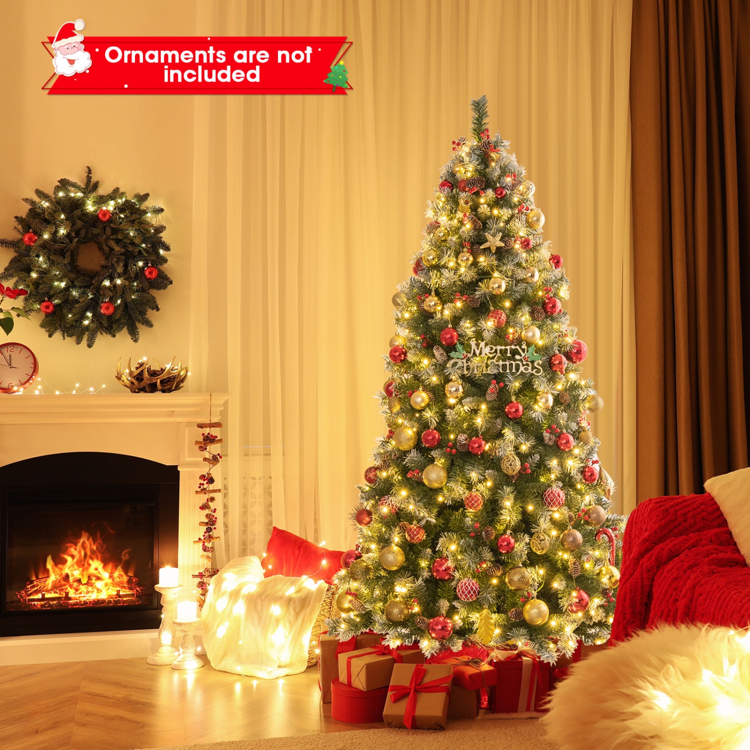 Topbuy 5ft/6.5ft/7.5ft/9ft Pre-lit Artificial Christmas Tree Pre-decorated Hinged Xmas Tree with 450/909/1368/1740 Branch Tips 200/420/560/650 LED