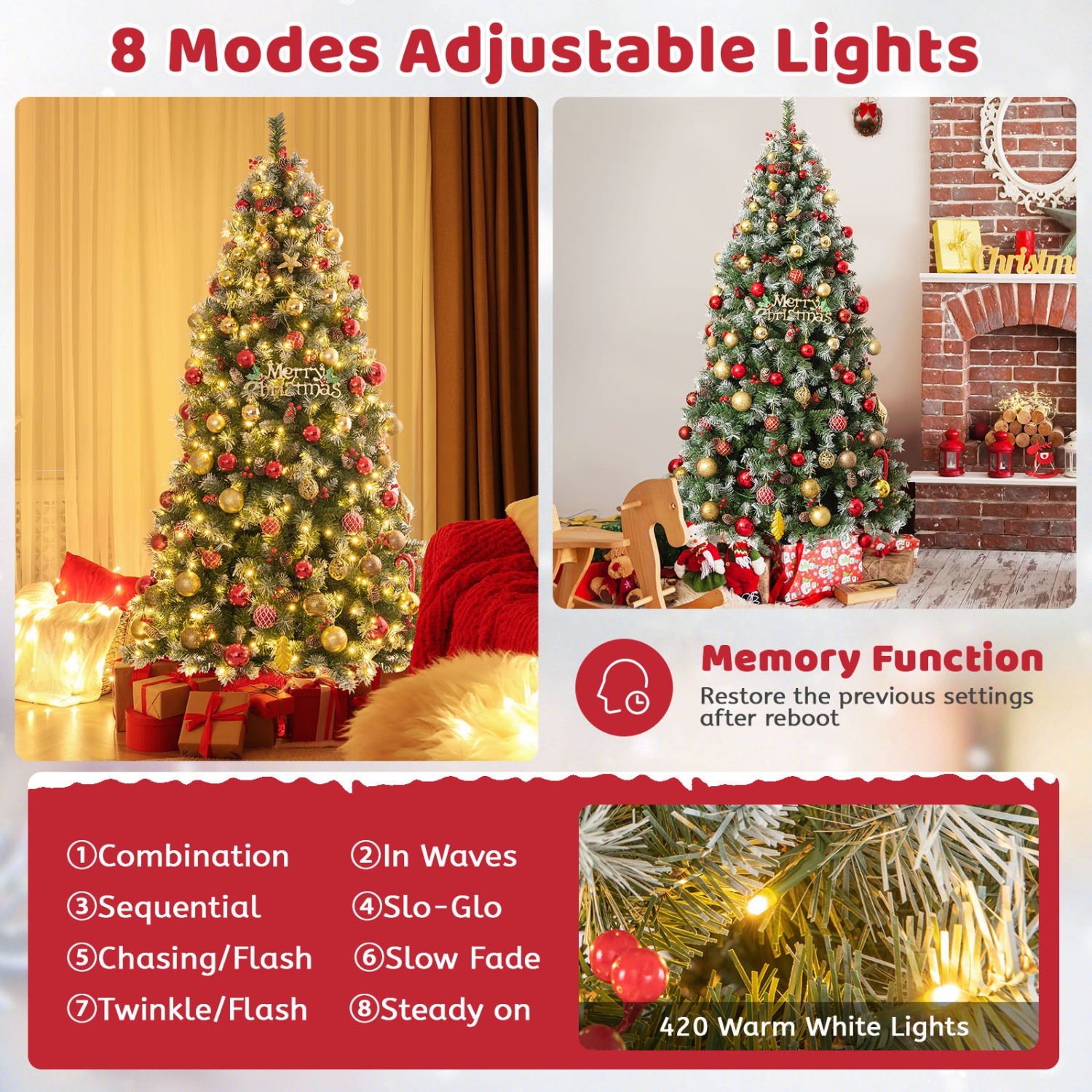 Topbuy 5ft/6.5ft/7.5ft/9ft Pre-lit Artificial Christmas Tree Pre-decorated Hinged Xmas Tree with 450/909/1368/1740 Branch Tips 200/420/560/650 LED