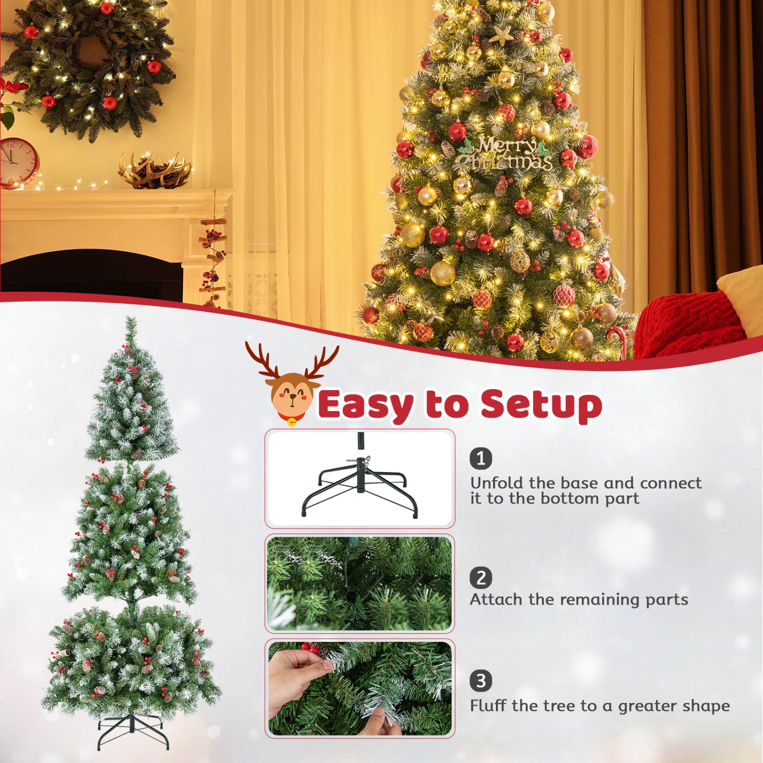 Topbuy 5ft/6.5ft/7.5ft/9ft Pre-lit Artificial Christmas Tree Pre-decorated Hinged Xmas Tree with 450/909/1368/1740 Branch Tips 200/420/560/650 LED