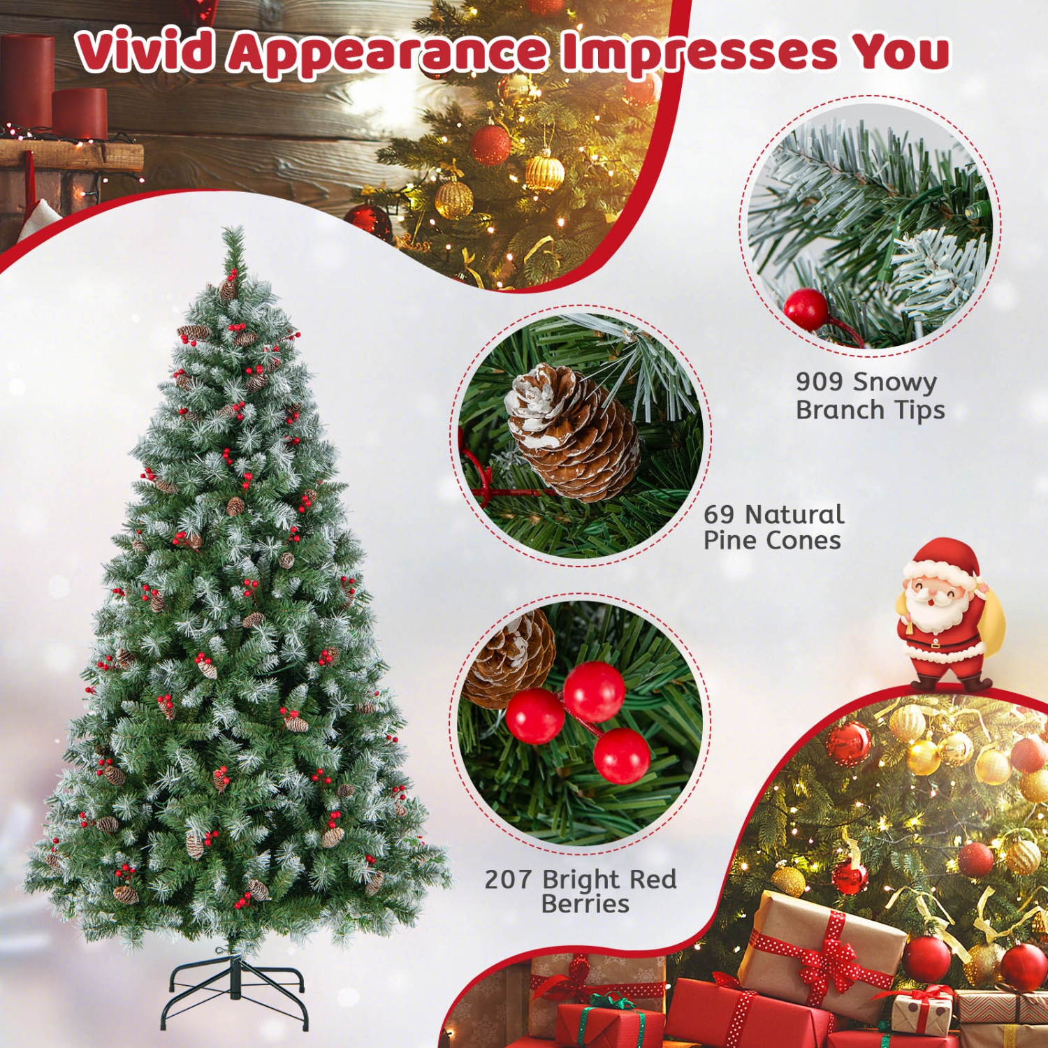 Topbuy 5ft/6.5ft/7.5ft/9ft Pre-lit Artificial Christmas Tree Pre-decorated Hinged Xmas Tree with 450/909/1368/1740 Branch Tips 200/420/560/650 LED