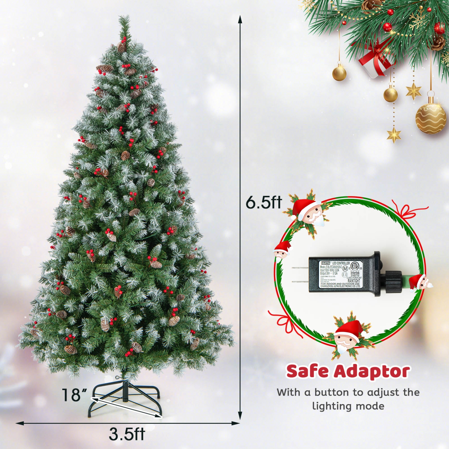 Topbuy 5ft/6.5ft/7.5ft/9ft Pre-lit Artificial Christmas Tree Pre-decorated Hinged Xmas Tree with 450/909/1368/1740 Branch Tips 200/420/560/650 LED