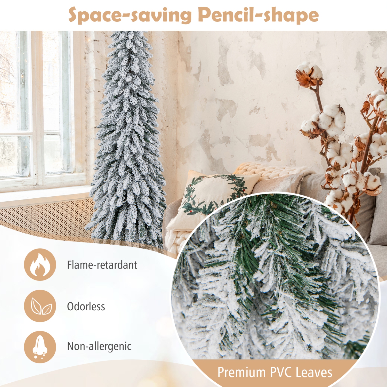 Topbuy 4/5/6FT Pre-lit Artificial Christmas Tree Snow-flocked Xmas Pencil Tree with 225/334/407 Branch Tips 100/150/250 LED Lights 2 Lighting Colors