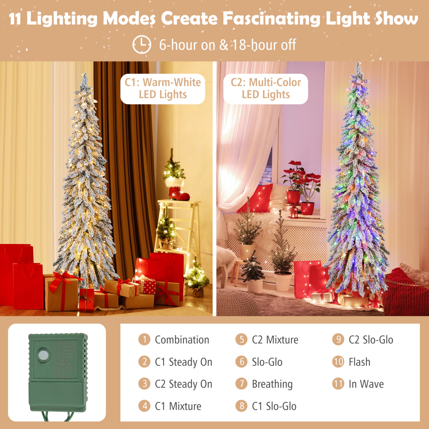 Topbuy 4/5/6FT Pre-lit Artificial Christmas Tree Snow-flocked Xmas Pencil Tree with 225/334/407 Branch Tips 100/150/250 LED Lights 2 Lighting Colors
