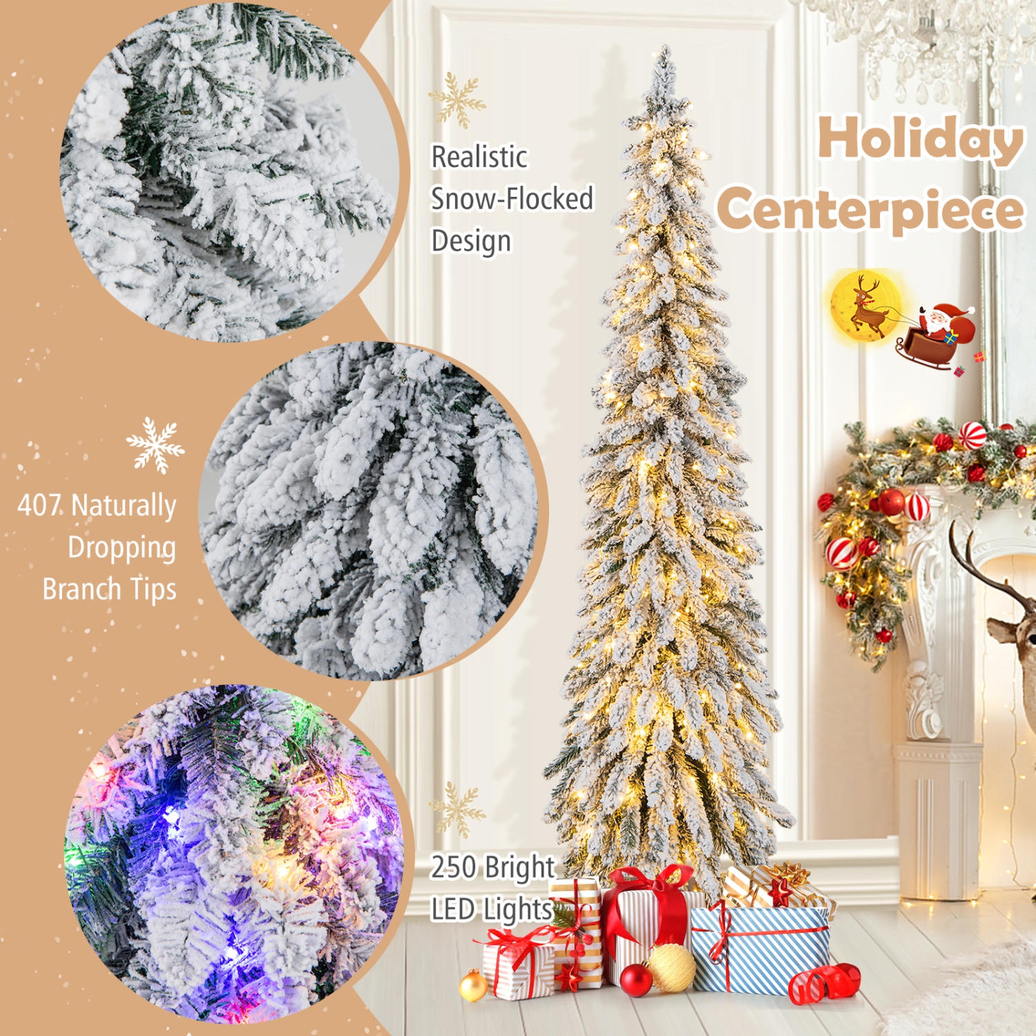 Topbuy 4/5/6FT Pre-lit Artificial Christmas Tree Snow-flocked Xmas Pencil Tree with 225/334/407 Branch Tips 100/150/250 LED Lights 2 Lighting Colors