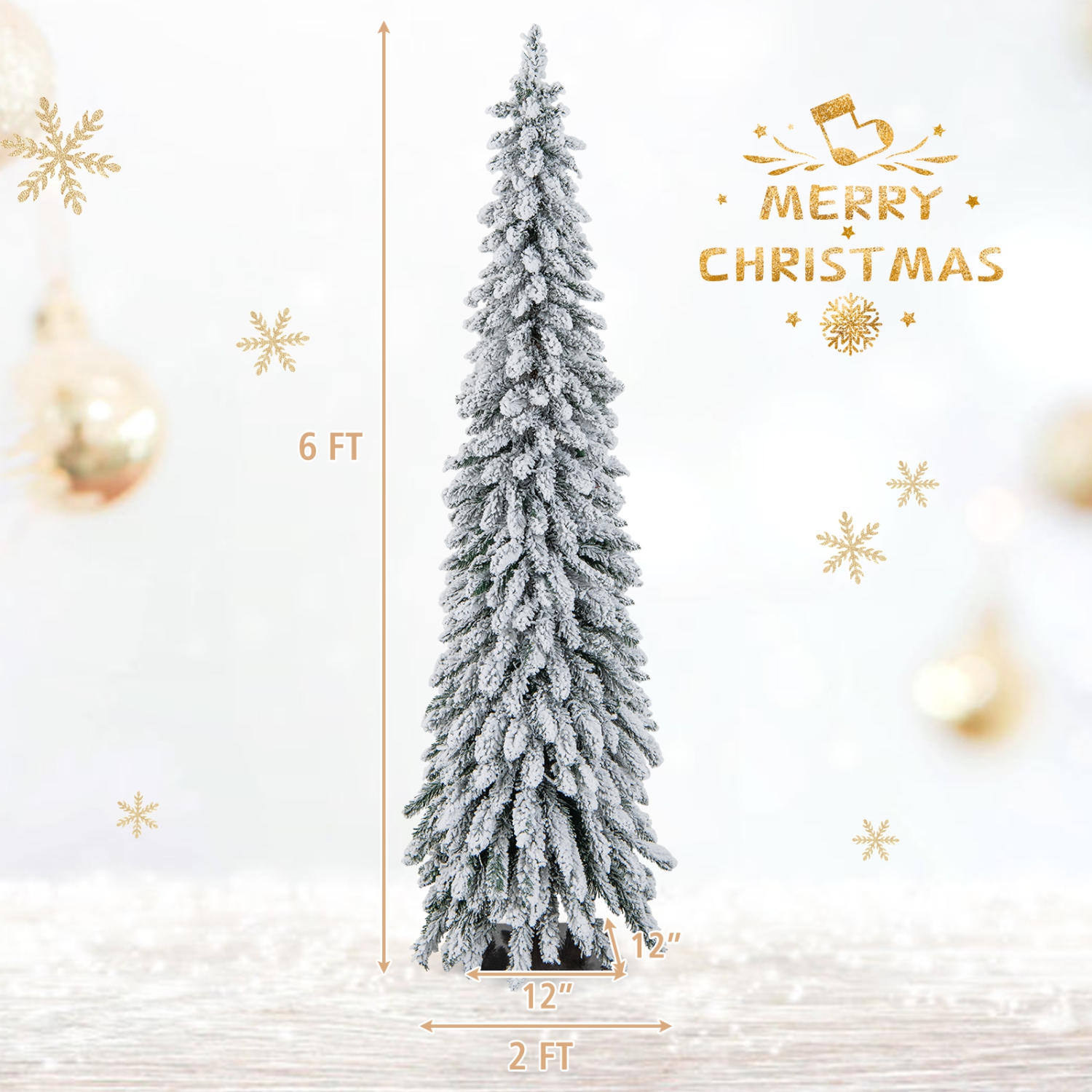 Topbuy 4/5/6FT Pre-lit Artificial Christmas Tree Snow-flocked Xmas Pencil Tree with 225/334/407 Branch Tips 100/150/250 LED Lights 2 Lighting Colors