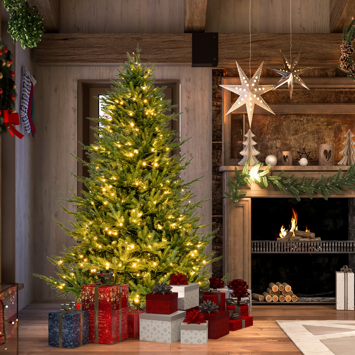 Topbuy 6/7FT Artificial Christmas Tree Pre-lit Xmas Tree with 280/380 Warm White LED Lights 8 Lighting Modes 788/1130 PE & PVC Branch Tips