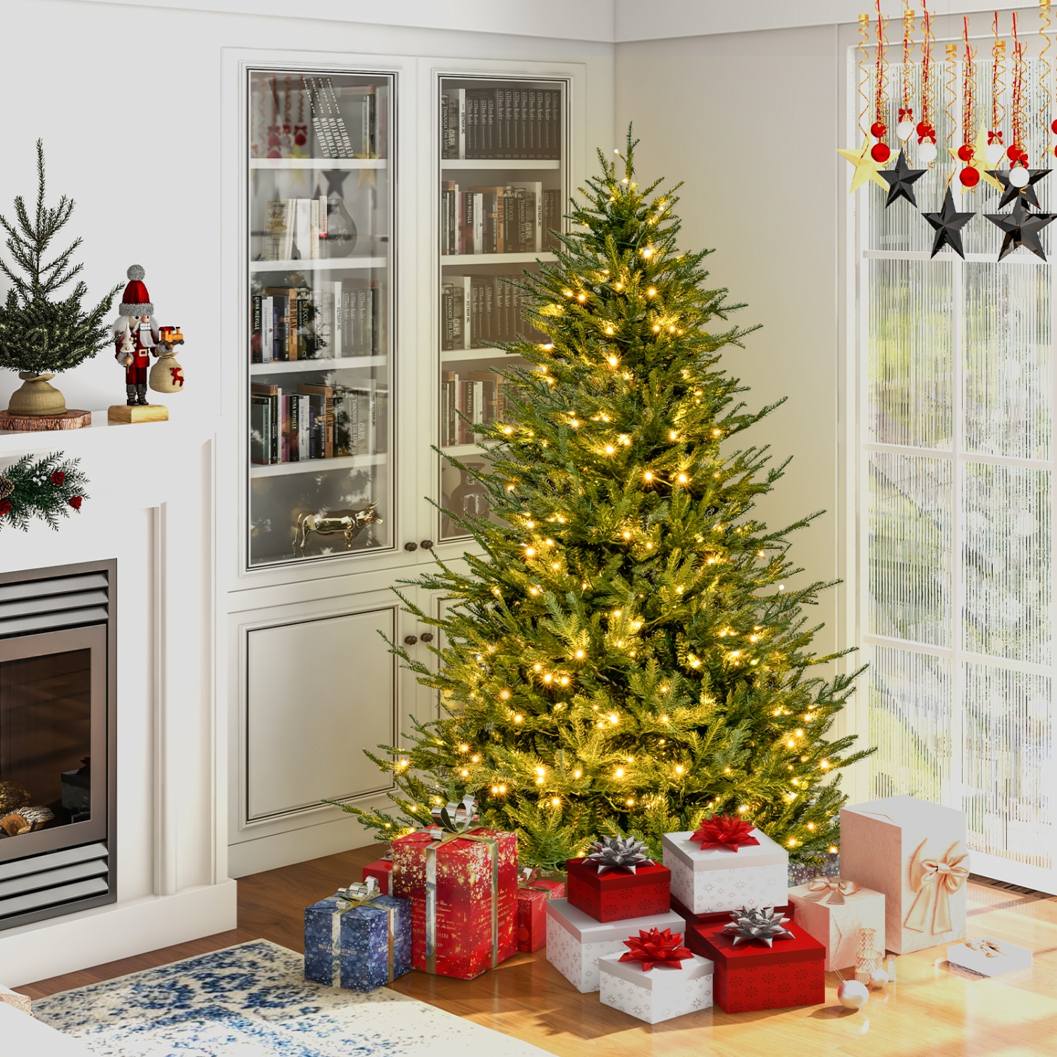 Topbuy 6/7FT Artificial Christmas Tree Pre-lit Xmas Tree with 280/380 Warm White LED Lights 8 Lighting Modes 788/1130 PE & PVC Branch Tips