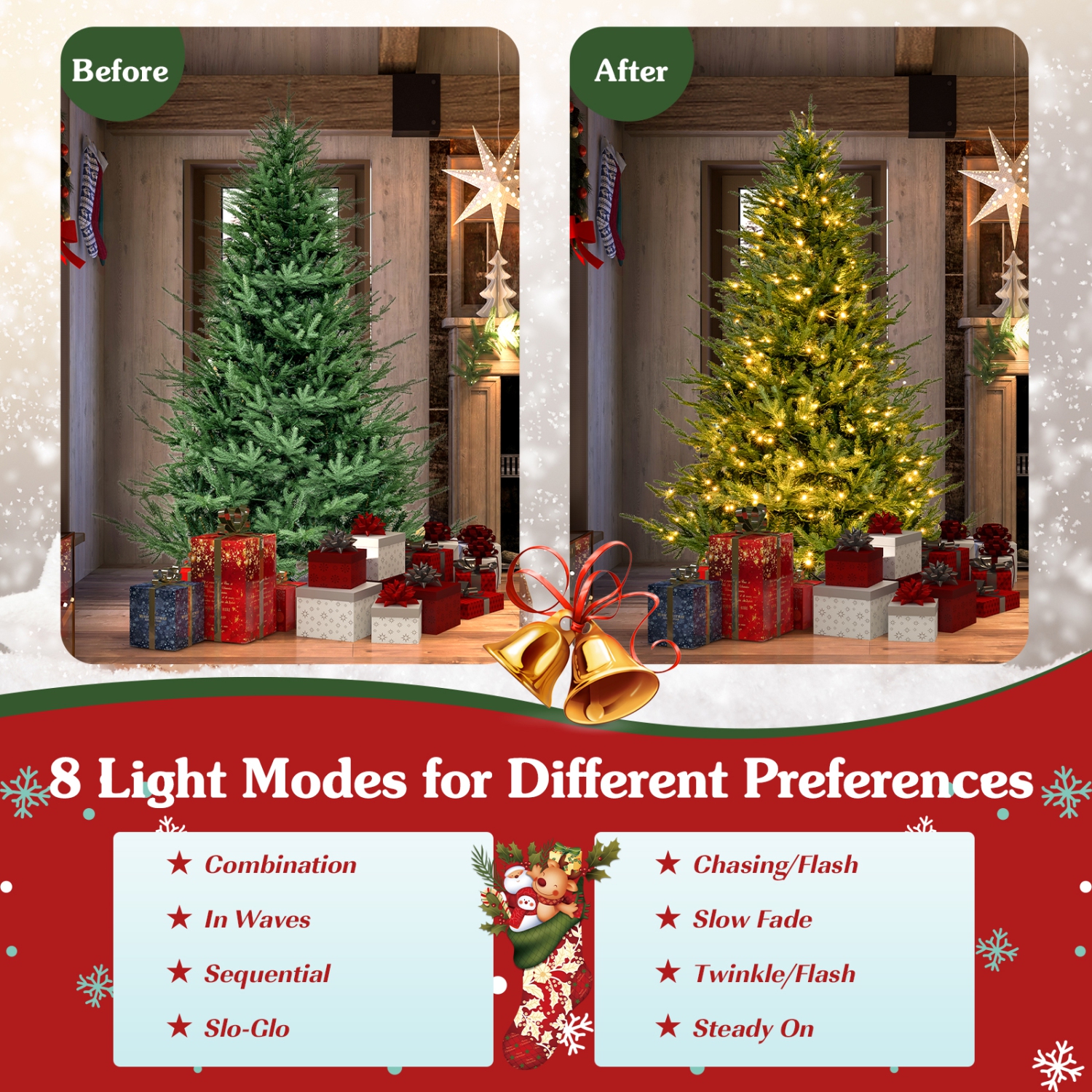 Topbuy 6/7FT Artificial Christmas Tree Pre-lit Xmas Tree with 280/380 Warm White LED Lights 8 Lighting Modes 788/1130 PE & PVC Branch Tips