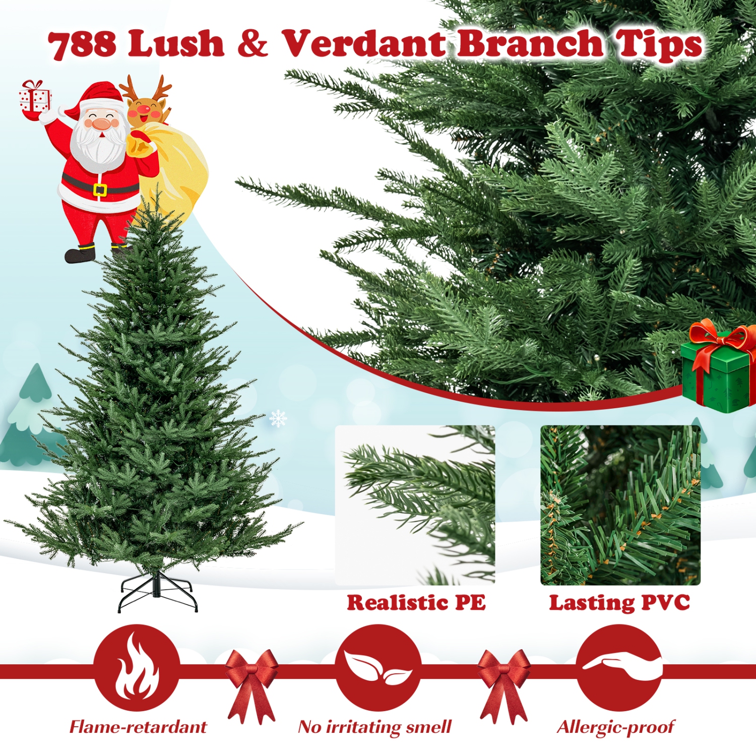 Topbuy 6/7FT Artificial Christmas Tree Pre-lit Xmas Tree with 280/380 Warm White LED Lights 8 Lighting Modes 788/1130 PE & PVC Branch Tips