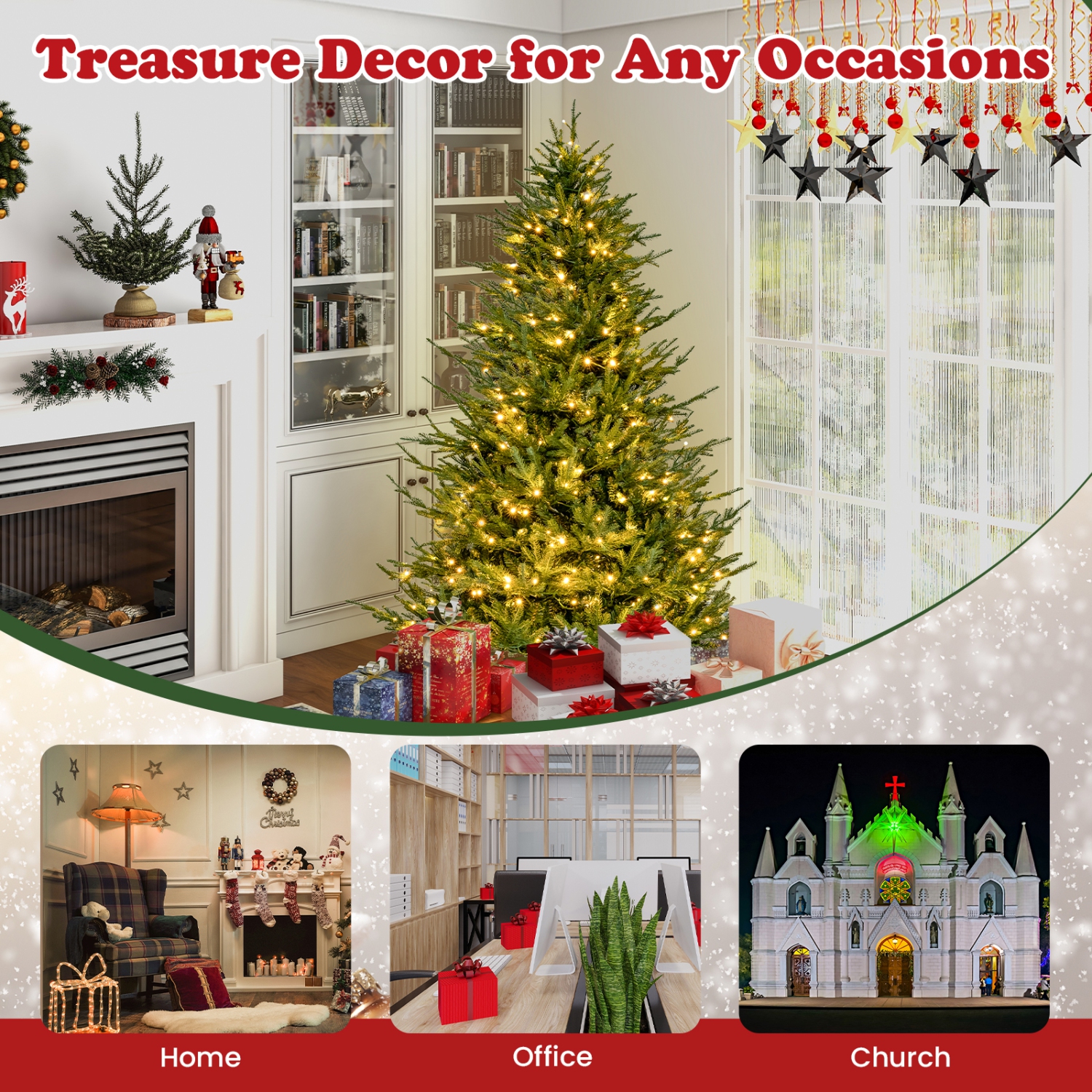 Topbuy 6/7FT Artificial Christmas Tree Pre-lit Xmas Tree with 280/380 Warm White LED Lights 8 Lighting Modes 788/1130 PE & PVC Branch Tips