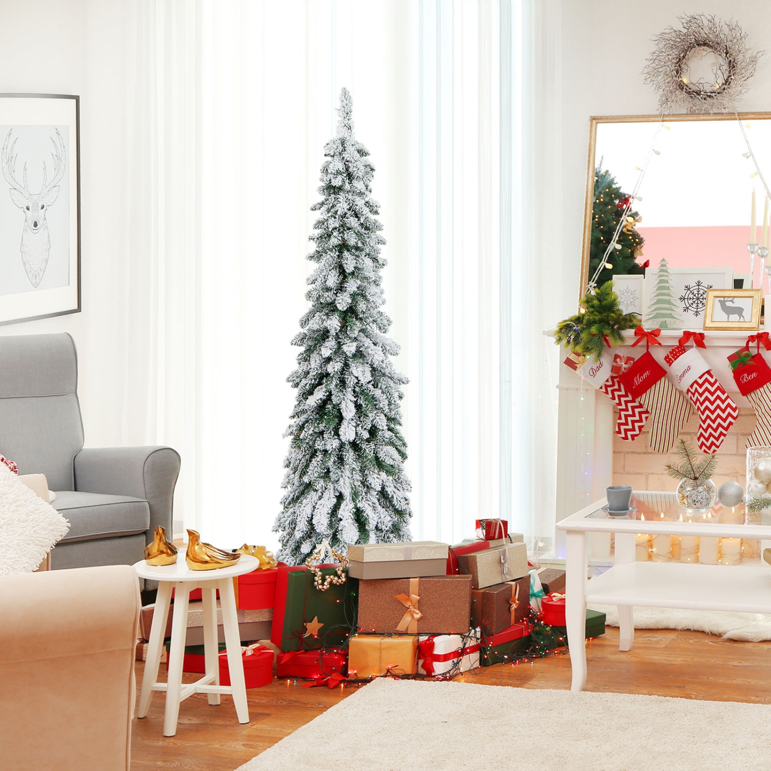 Topbuy 4/5/6FT Pre-lit Artificial Christmas Tree Snow-flocked Xmas Pencil Tree with 225/334/407 Branch Tips 100/150/250 LED Lights 2 Lighting Colors