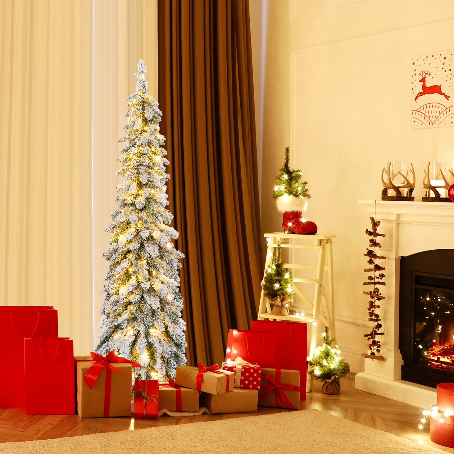 Topbuy 4/5/6FT Pre-lit Artificial Christmas Tree Snow-flocked Xmas Pencil Tree with 225/334/407 Branch Tips 100/150/250 LED Lights 2 Lighting Colors