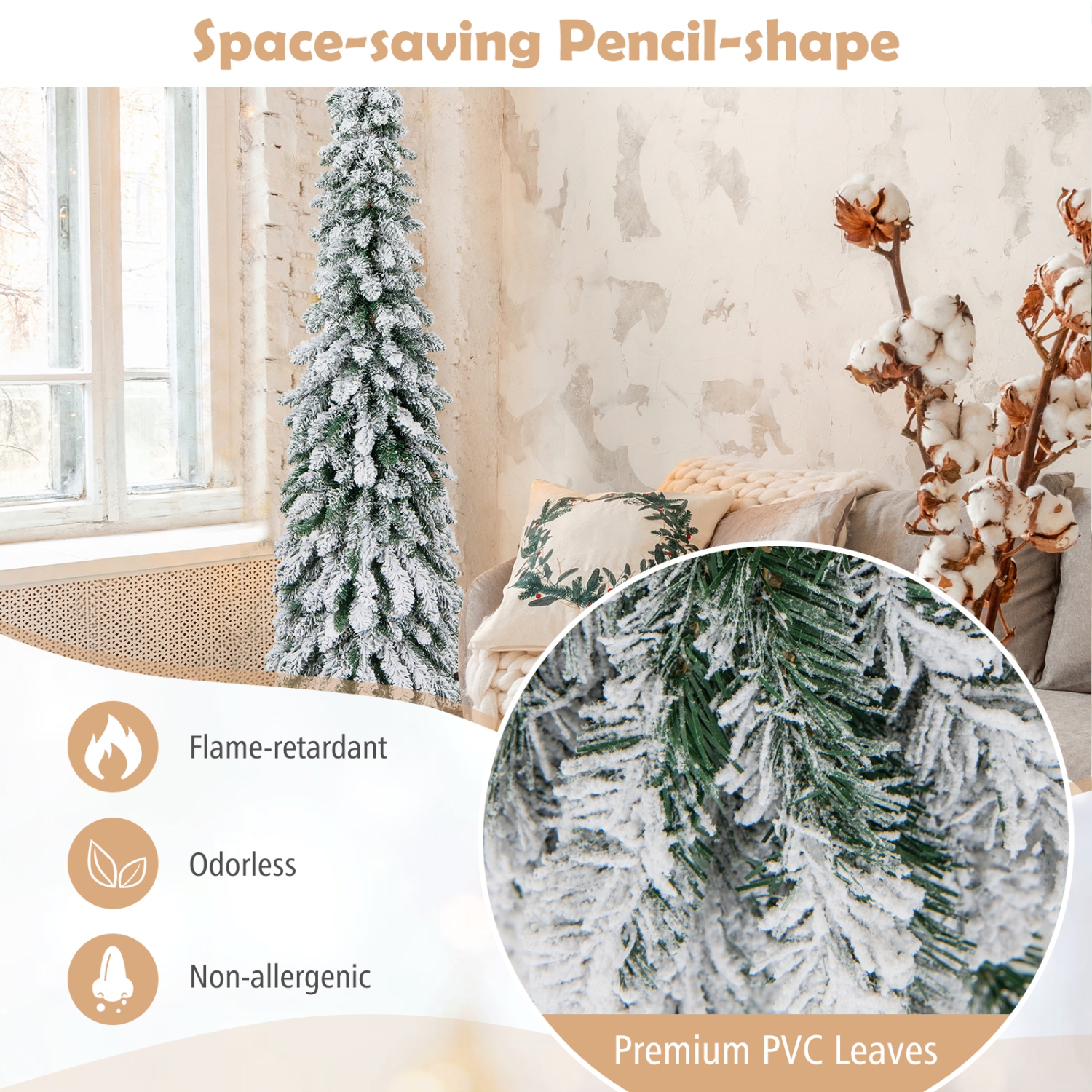 Topbuy 4/5/6FT Pre-lit Artificial Christmas Tree Snow-flocked Xmas Pencil Tree with 225/334/407 Branch Tips 100/150/250 LED Lights 2 Lighting Colors