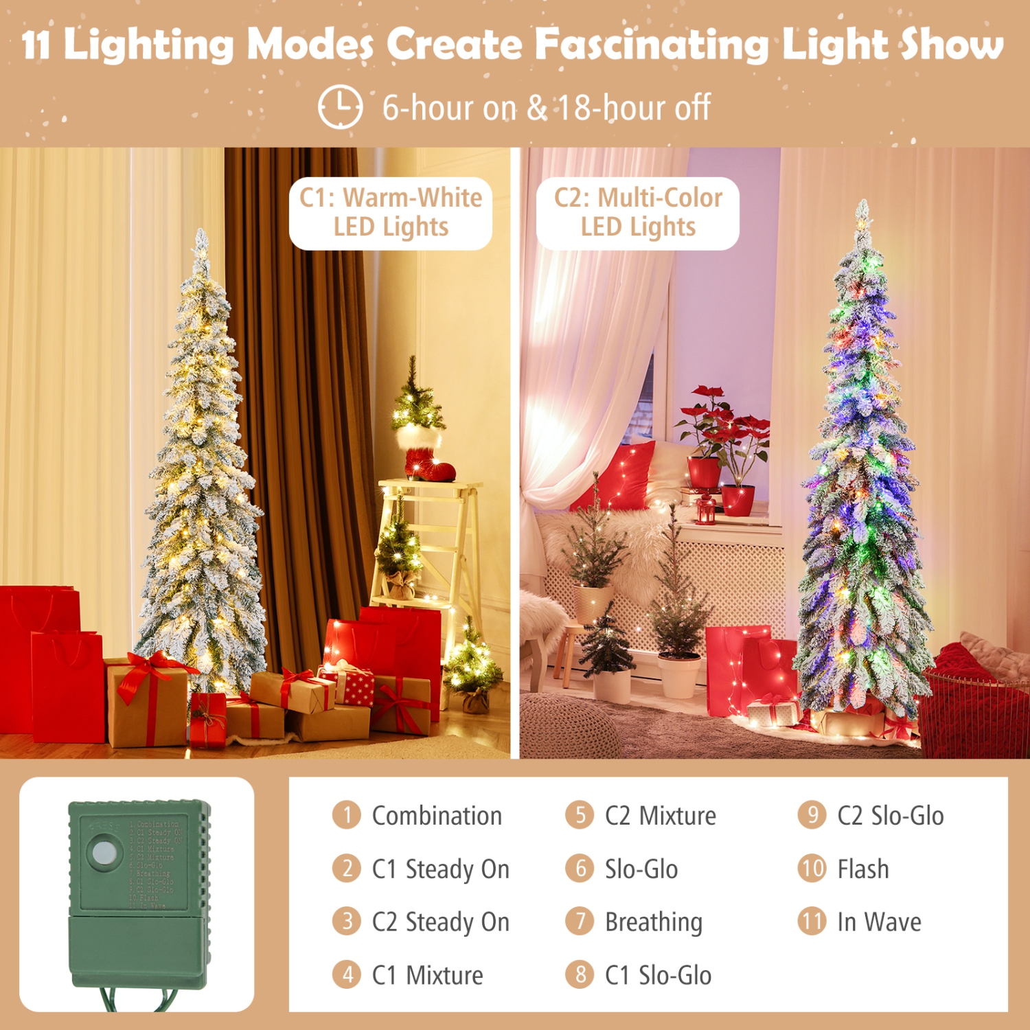 Topbuy 4/5/6FT Pre-lit Artificial Christmas Tree Snow-flocked Xmas Pencil Tree with 225/334/407 Branch Tips 100/150/250 LED Lights 2 Lighting Colors