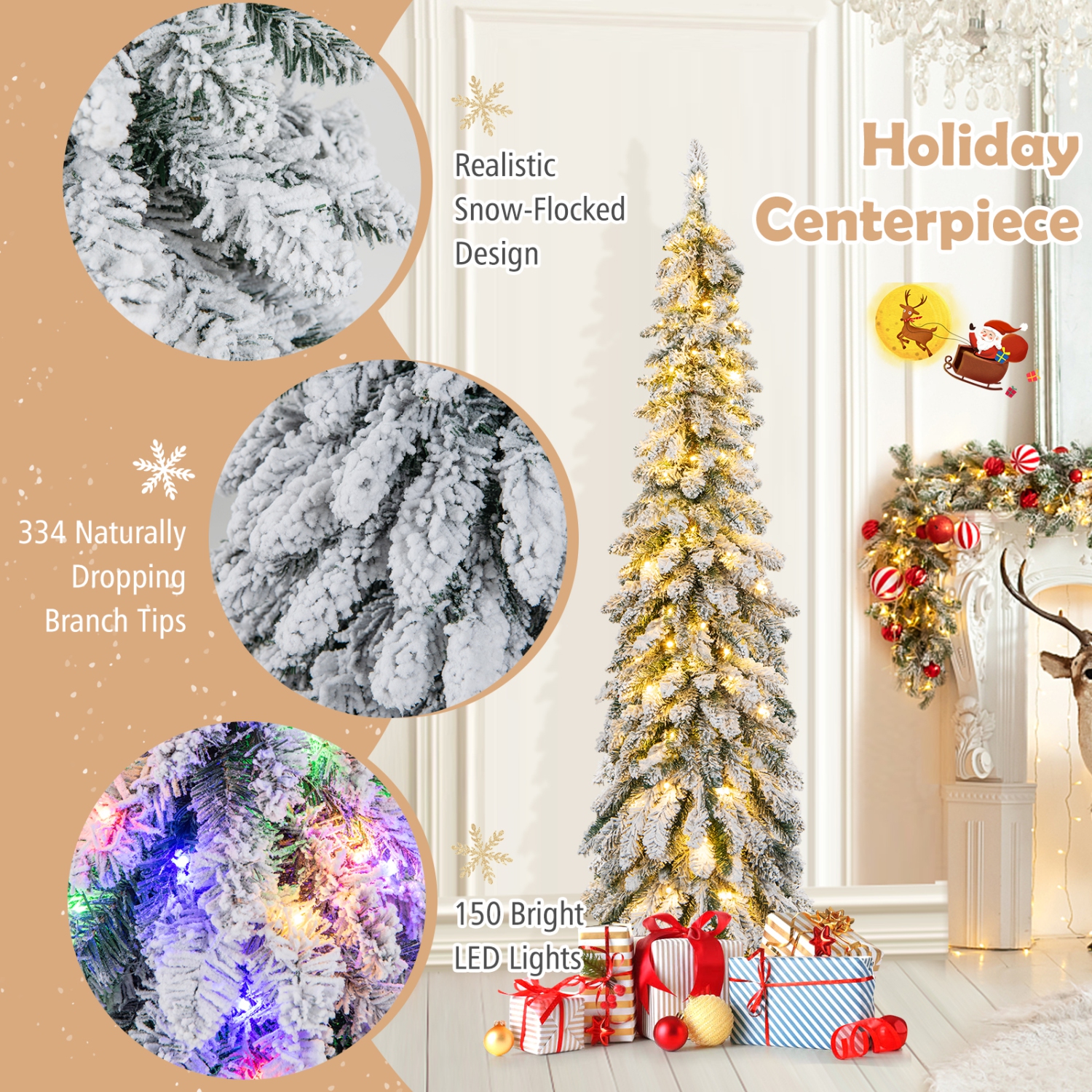 Topbuy 4/5/6FT Pre-lit Artificial Christmas Tree Snow-flocked Xmas Pencil Tree with 225/334/407 Branch Tips 100/150/250 LED Lights 2 Lighting Colors
