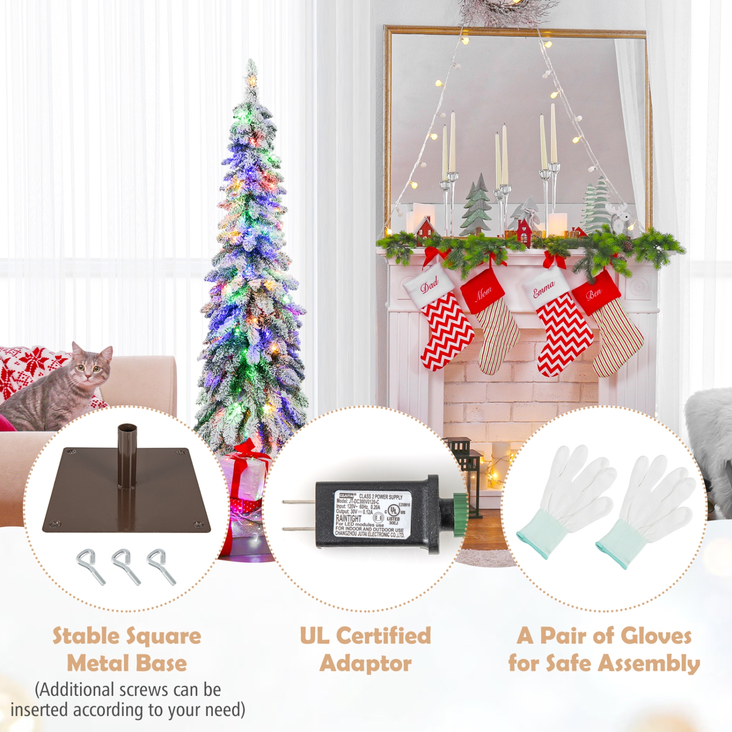 Topbuy 4/5/6FT Pre-lit Artificial Christmas Tree Snow-flocked Xmas Pencil Tree with 225/334/407 Branch Tips 100/150/250 LED Lights 2 Lighting Colors