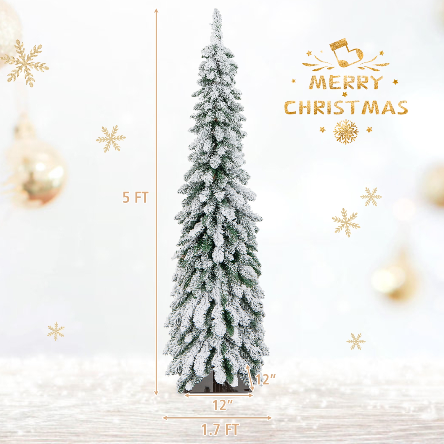 Topbuy 4/5/6FT Pre-lit Artificial Christmas Tree Snow-flocked Xmas Pencil Tree with 225/334/407 Branch Tips 100/150/250 LED Lights 2 Lighting Colors