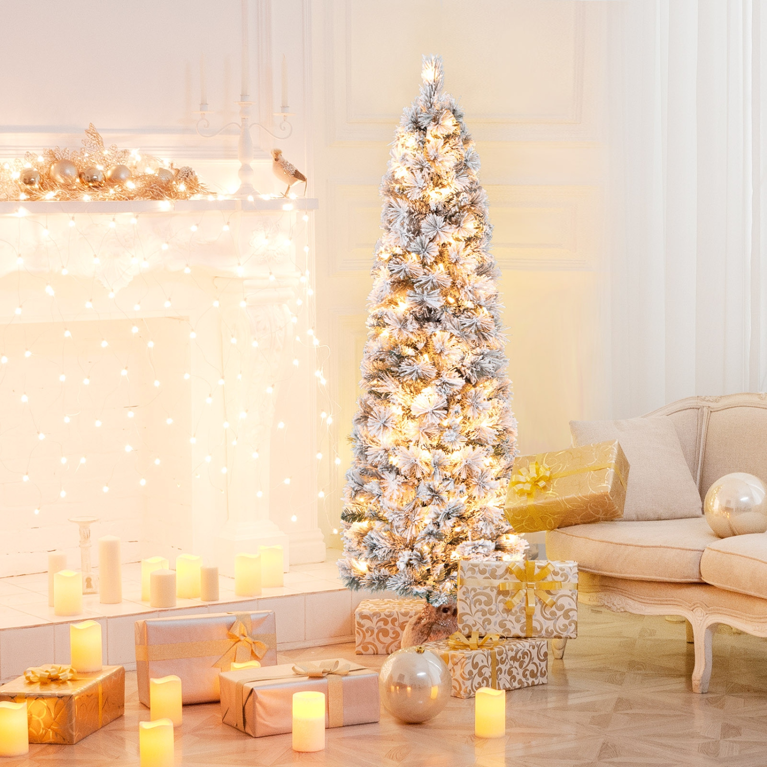 Topbuy 4,5/6/7FT Arbre de Noël artificiel illuminé à neige sapin de Noël avec 100/150/210 lumières blanches chaudes 258/373/466 pointes de branches