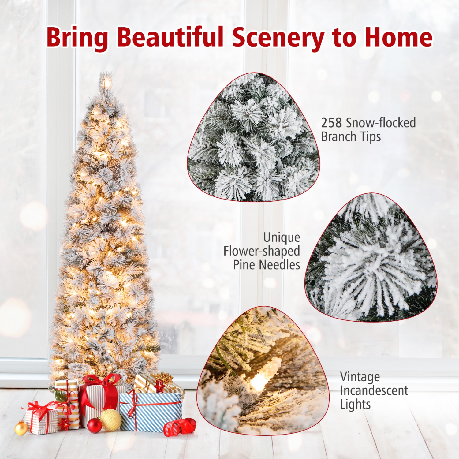 Topbuy 4,5/6/7FT Arbre de Noël artificiel illuminé à neige sapin de Noël avec 100/150/210 lumières blanches chaudes 258/373/466 pointes de branches