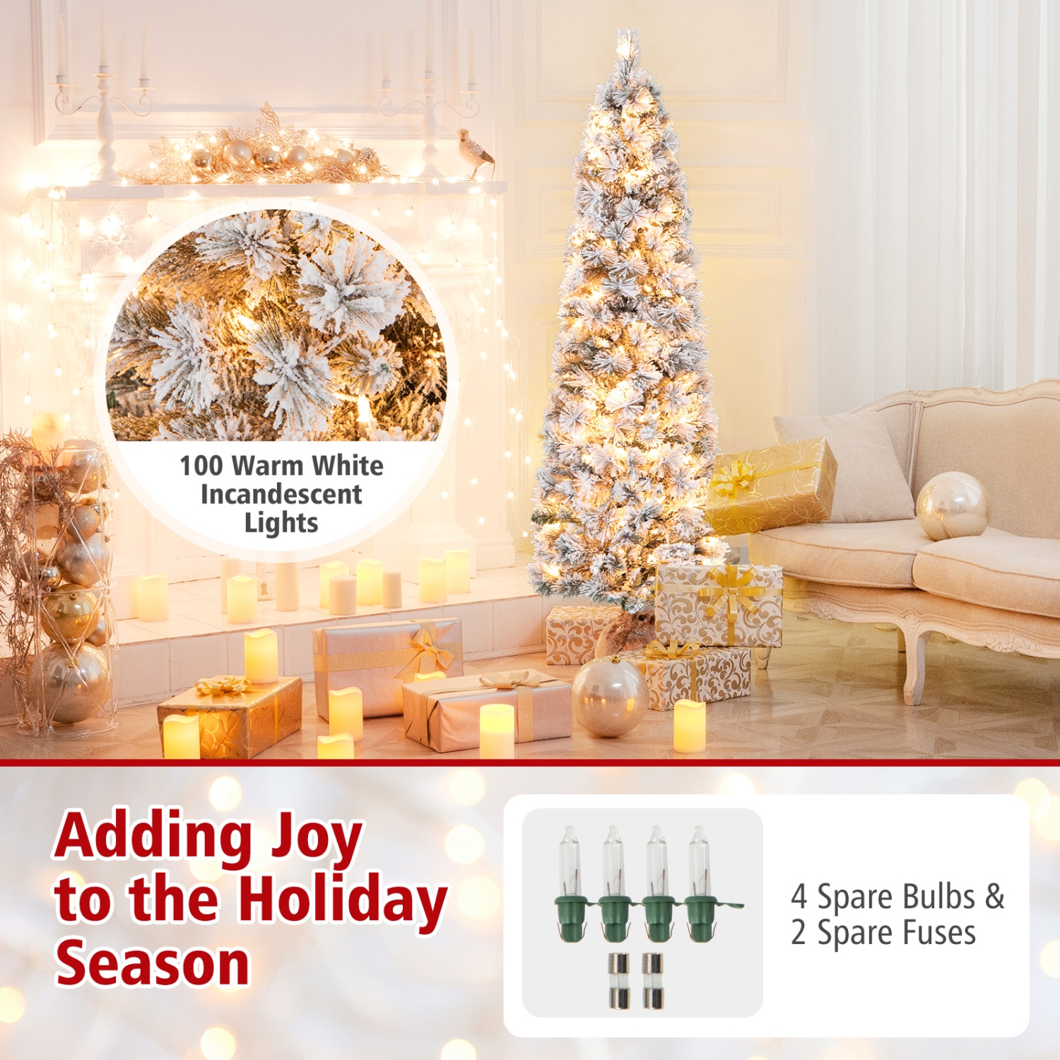 Topbuy 4,5/6/7FT Arbre de Noël artificiel illuminé à neige sapin de Noël avec 100/150/210 lumières blanches chaudes 258/373/466 pointes de branches