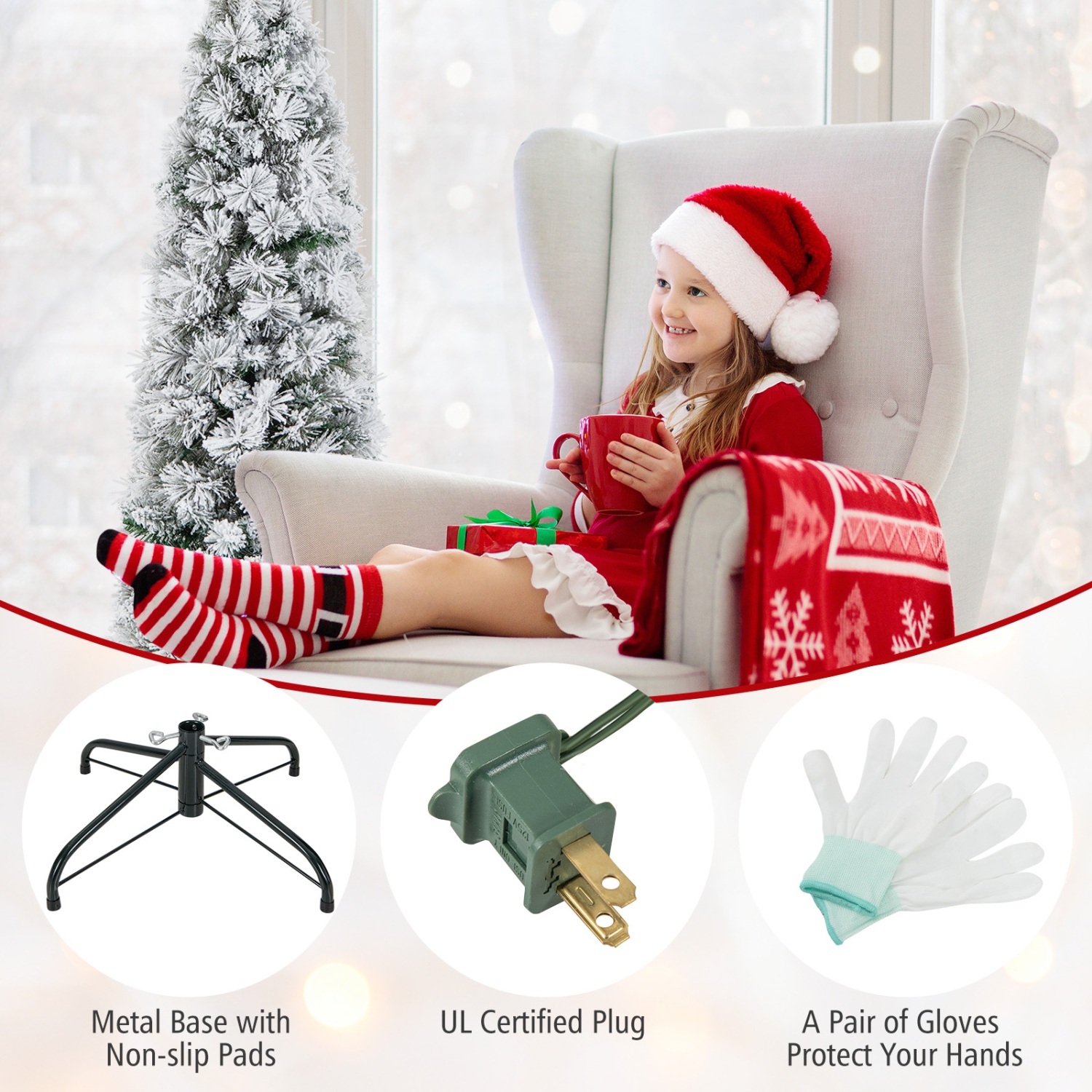 Topbuy 4,5/6/7FT Arbre de Noël artificiel illuminé à neige sapin de Noël avec 100/150/210 lumières blanches chaudes 258/373/466 pointes de branches