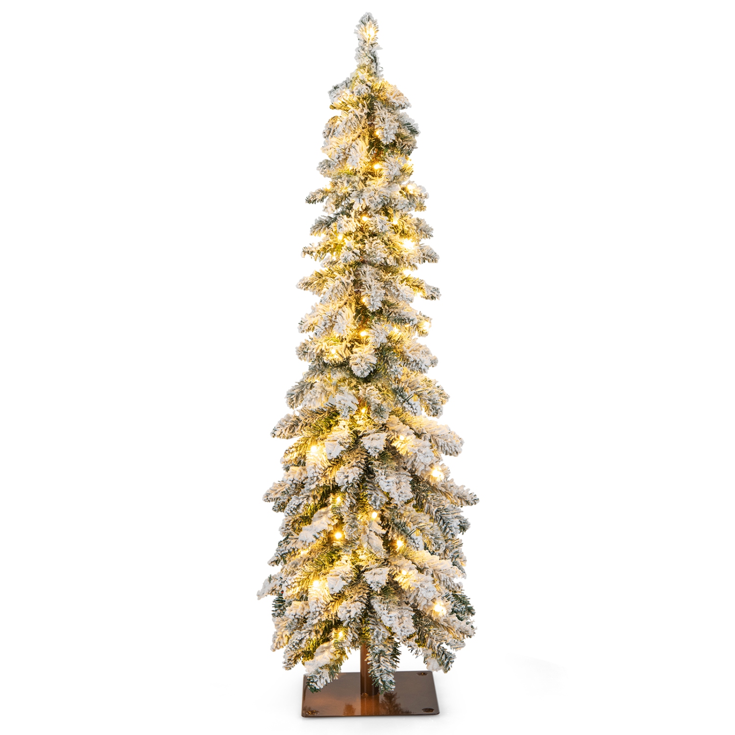 Topbuy 4/5/6FT Pre-lit Artificial Christmas Tree Snow-flocked Xmas Pencil Tree with 225/334/407 Branch Tips 100/150/250 LED Lights 2 Lighting Colors