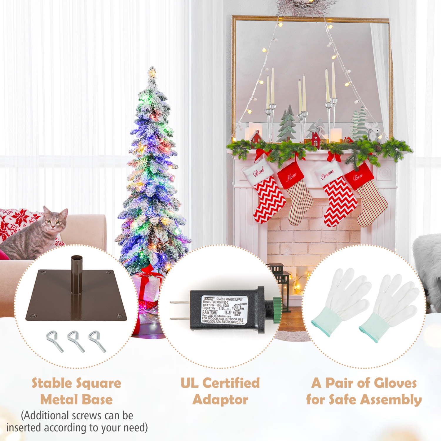 Topbuy 4/5/6FT Pre-lit Artificial Christmas Tree Snow-flocked Xmas Pencil Tree with 225/334/407 Branch Tips 100/150/250 LED Lights 2 Lighting Colors