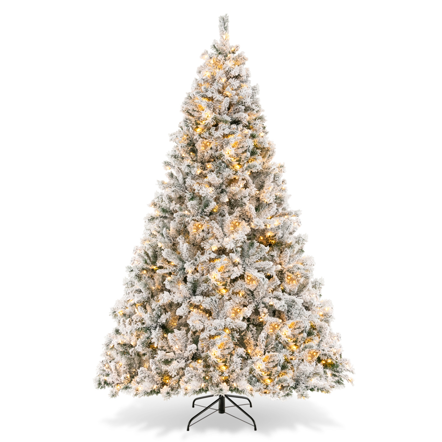 Arbre de Noël illuminé artificiel à charnières de Noël floqué à neige Topbuy de 6 pi/7/8 pi avec 644/956/1370 embouts de branche 300/450/600 lumières