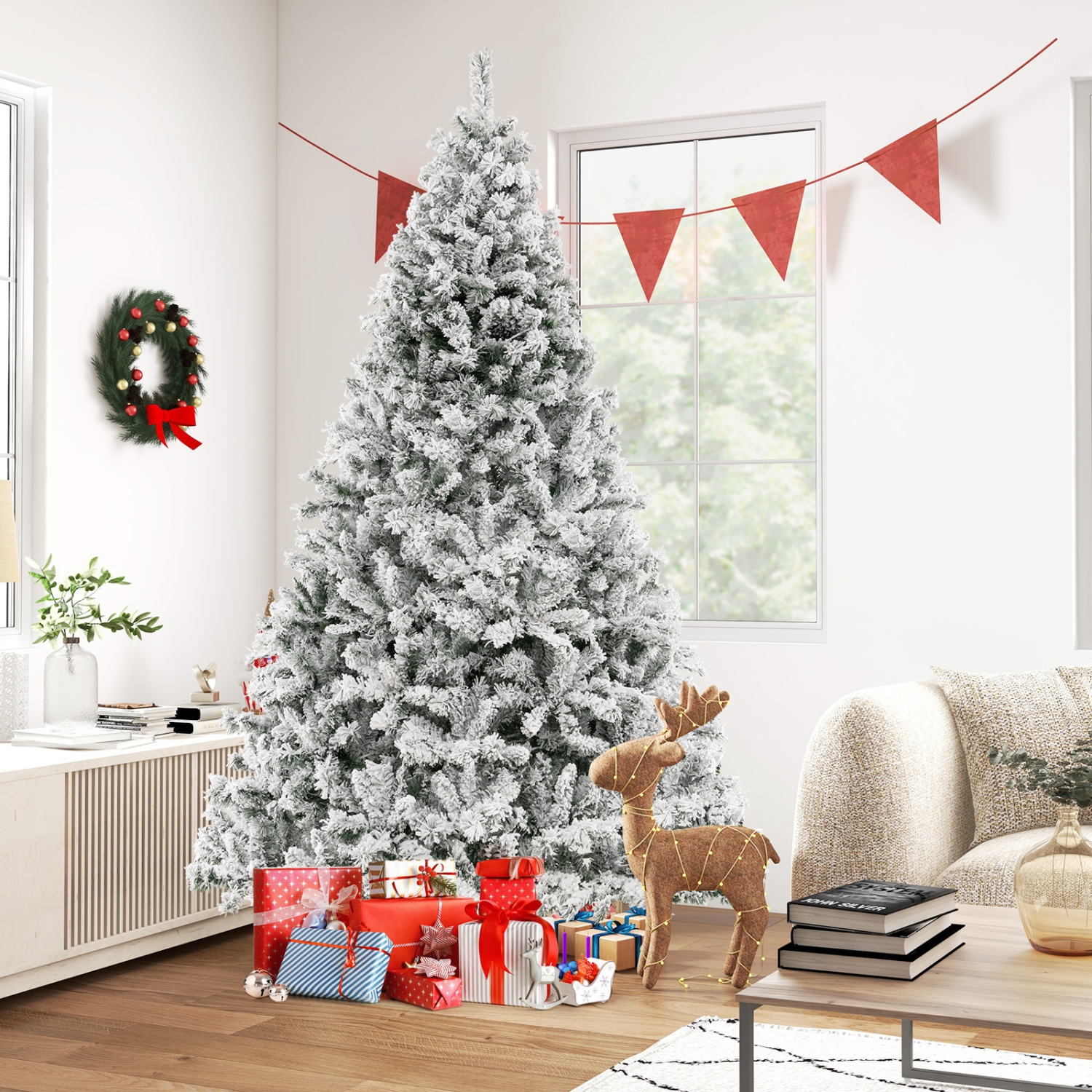 Arbre de Noël illuminé artificiel à charnières de Noël floqué à neige Topbuy de 6 pi/7/8 pi avec 644/956/1370 embouts de branche 300/450/600 lumières