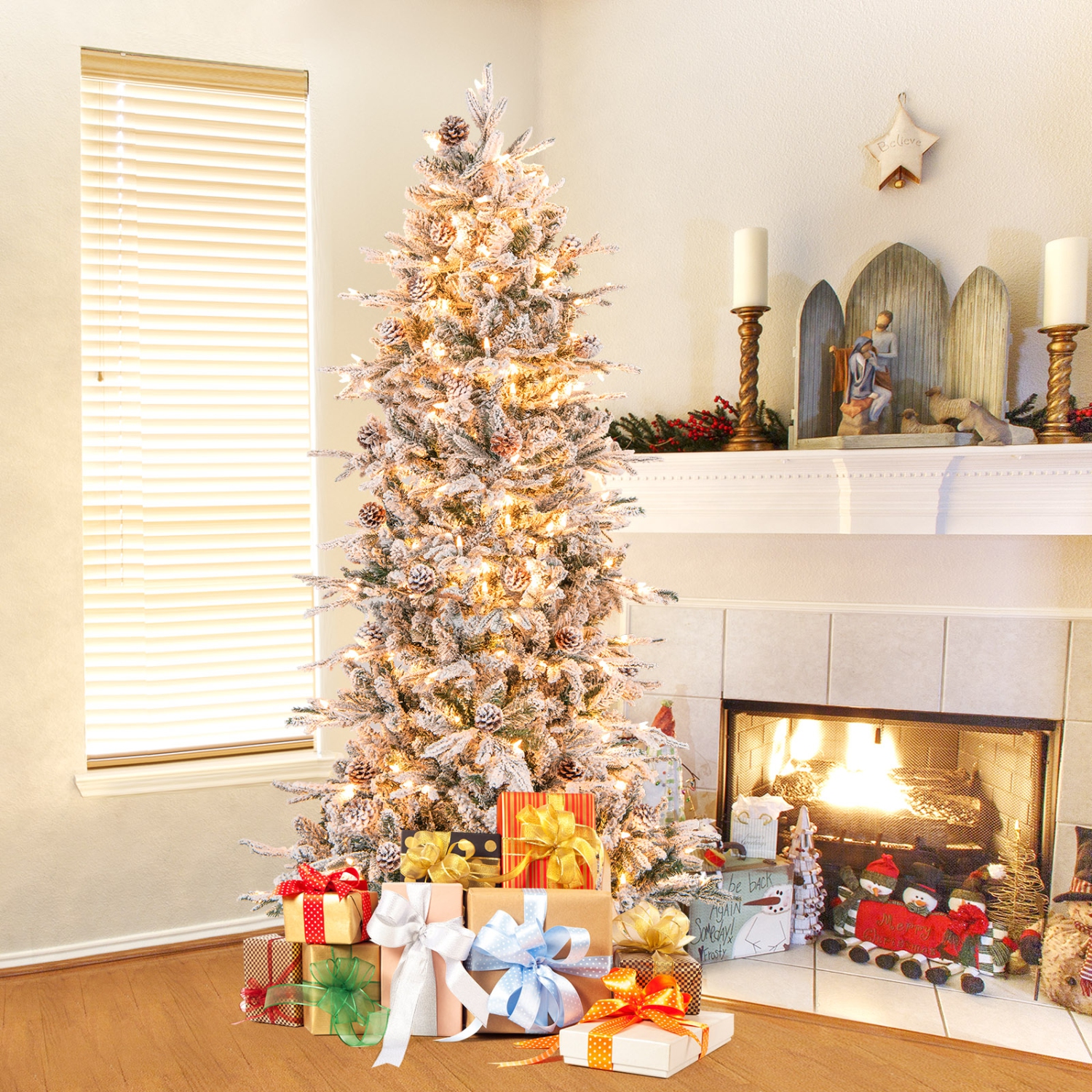 Topbuy 6/7.5 FT Pre-lit Artificial Christmas Tree Snow-flocked Hinged Xmas Tree with 210/350 Warm White Lights 715/1107 Mixed Branch Tips