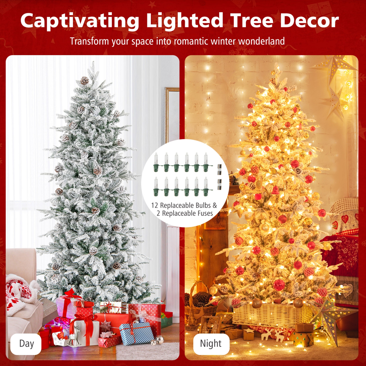 Topbuy 6/7.5 FT Pre-lit Artificial Christmas Tree Snow-flocked Hinged Xmas Tree with 210/350 Warm White Lights 715/1107 Mixed Branch Tips