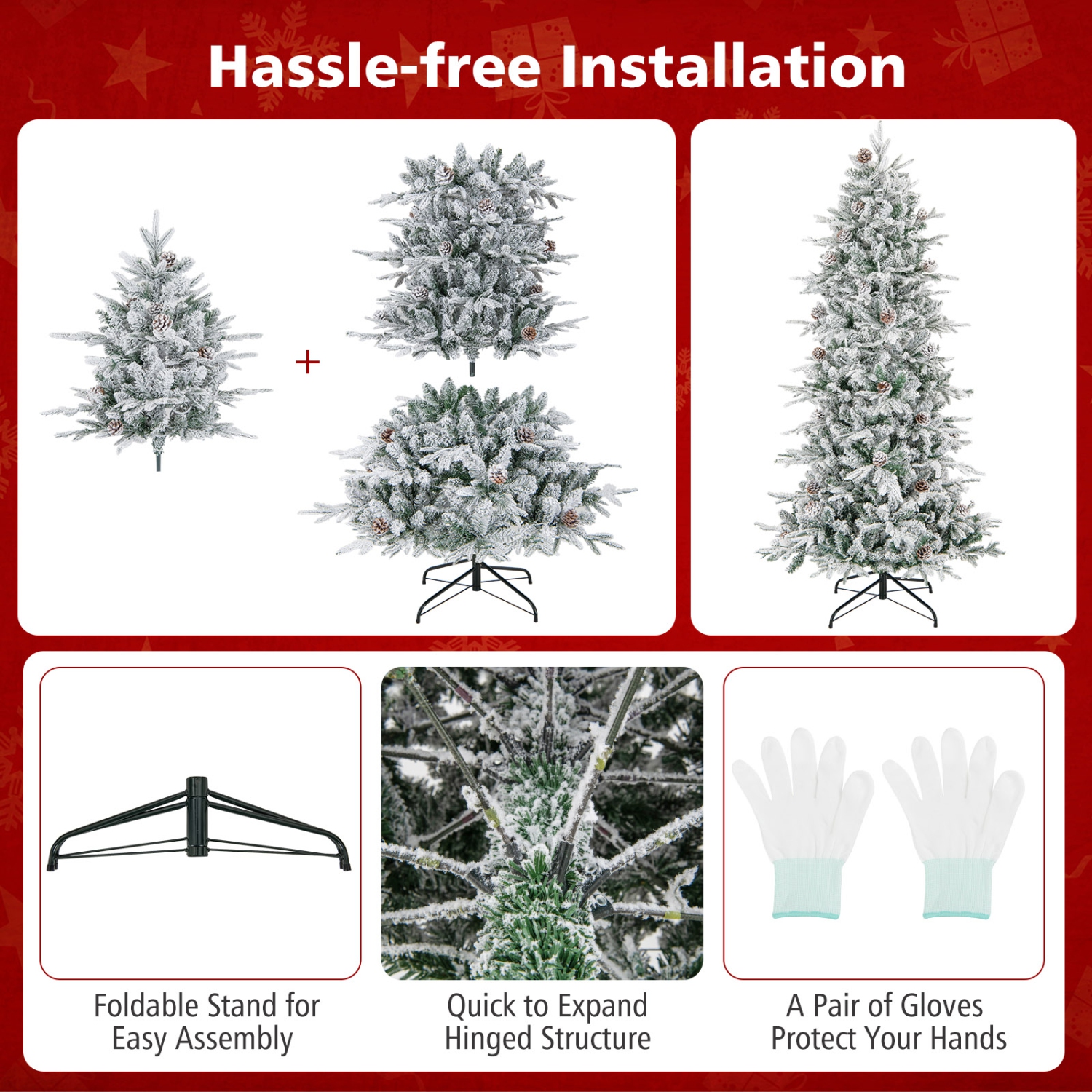 Topbuy 6/7.5 FT Pre-lit Artificial Christmas Tree Snow-flocked Hinged Xmas Tree with 210/350 Warm White Lights 715/1107 Mixed Branch Tips