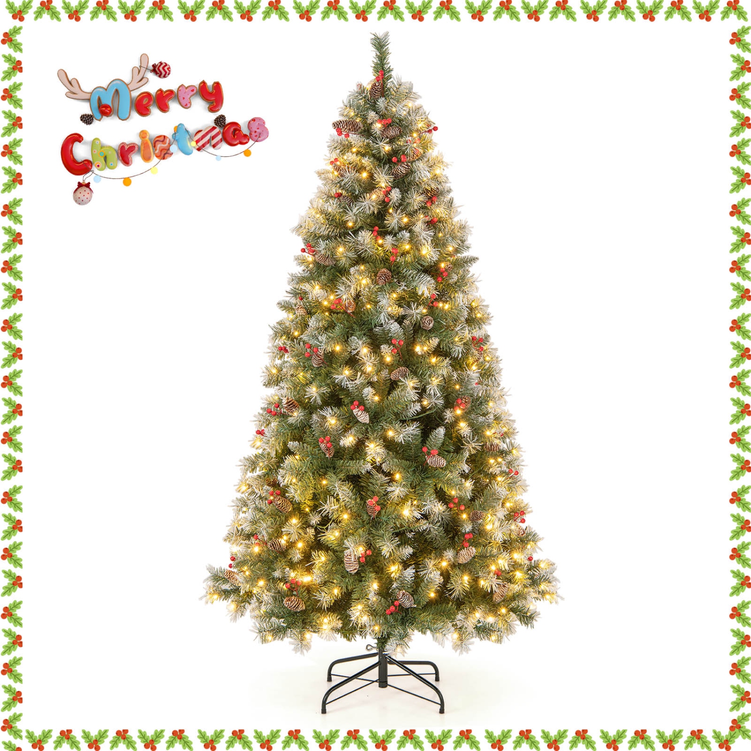 Topbuy 5ft/6.5ft/7.5ft/9ft Pre-lit Artificial Christmas Tree Pre-decorated Hinged Xmas Tree with 450/909/1368/1740 Branch Tips 200/420/560/650 LED