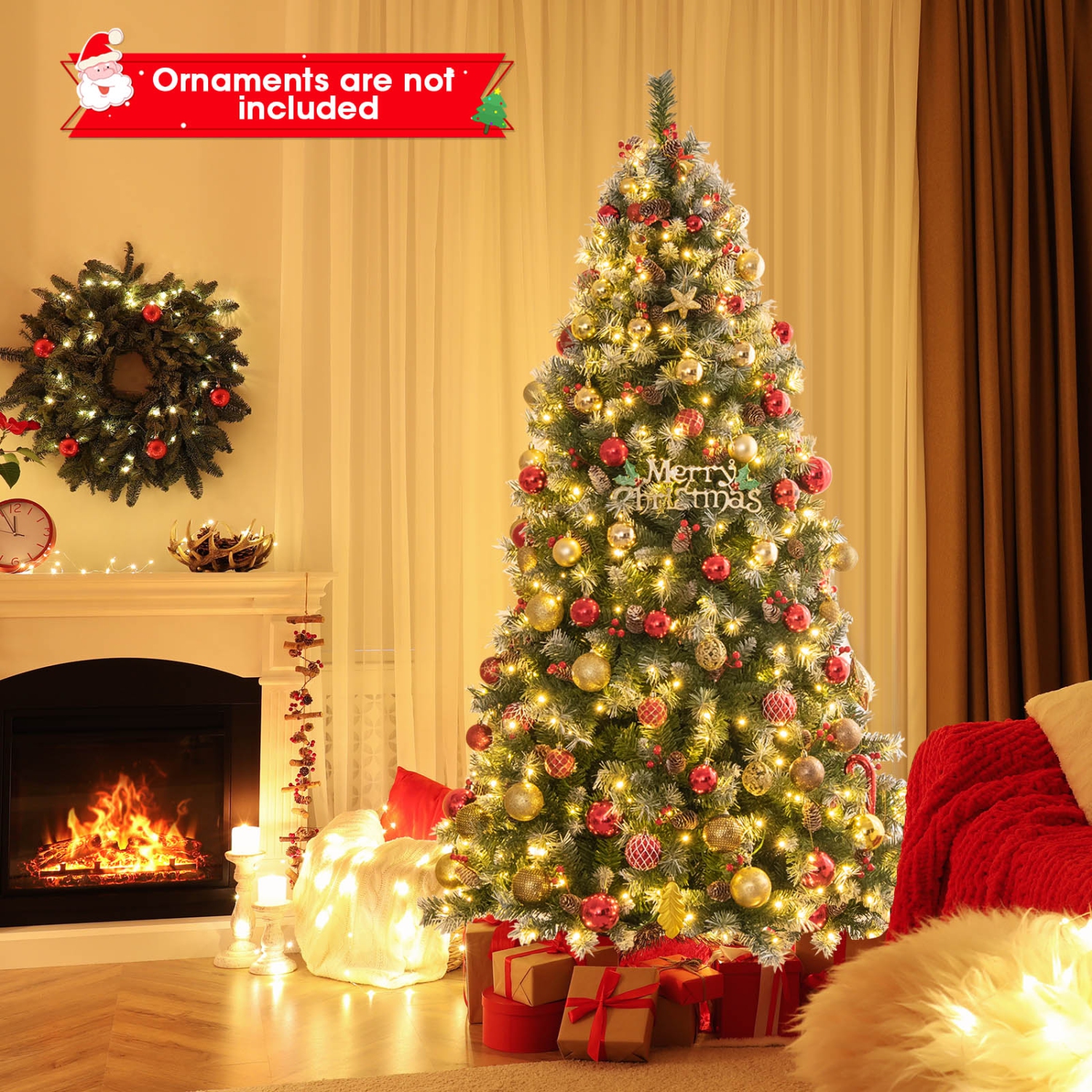 Topbuy 5ft/6.5ft/7.5ft/9ft Pre-lit Artificial Christmas Tree Pre-decorated Hinged Xmas Tree with 450/909/1368/1740 Branch Tips 200/420/560/650 LED