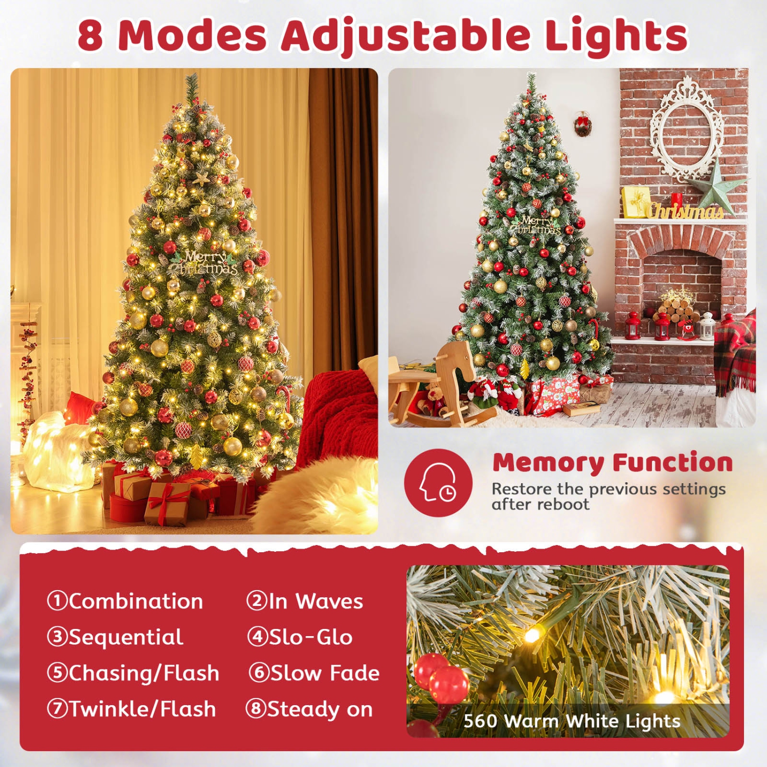 Topbuy 5ft/6.5ft/7.5ft/9ft Pre-lit Artificial Christmas Tree Pre-decorated Hinged Xmas Tree with 450/909/1368/1740 Branch Tips 200/420/560/650 LED