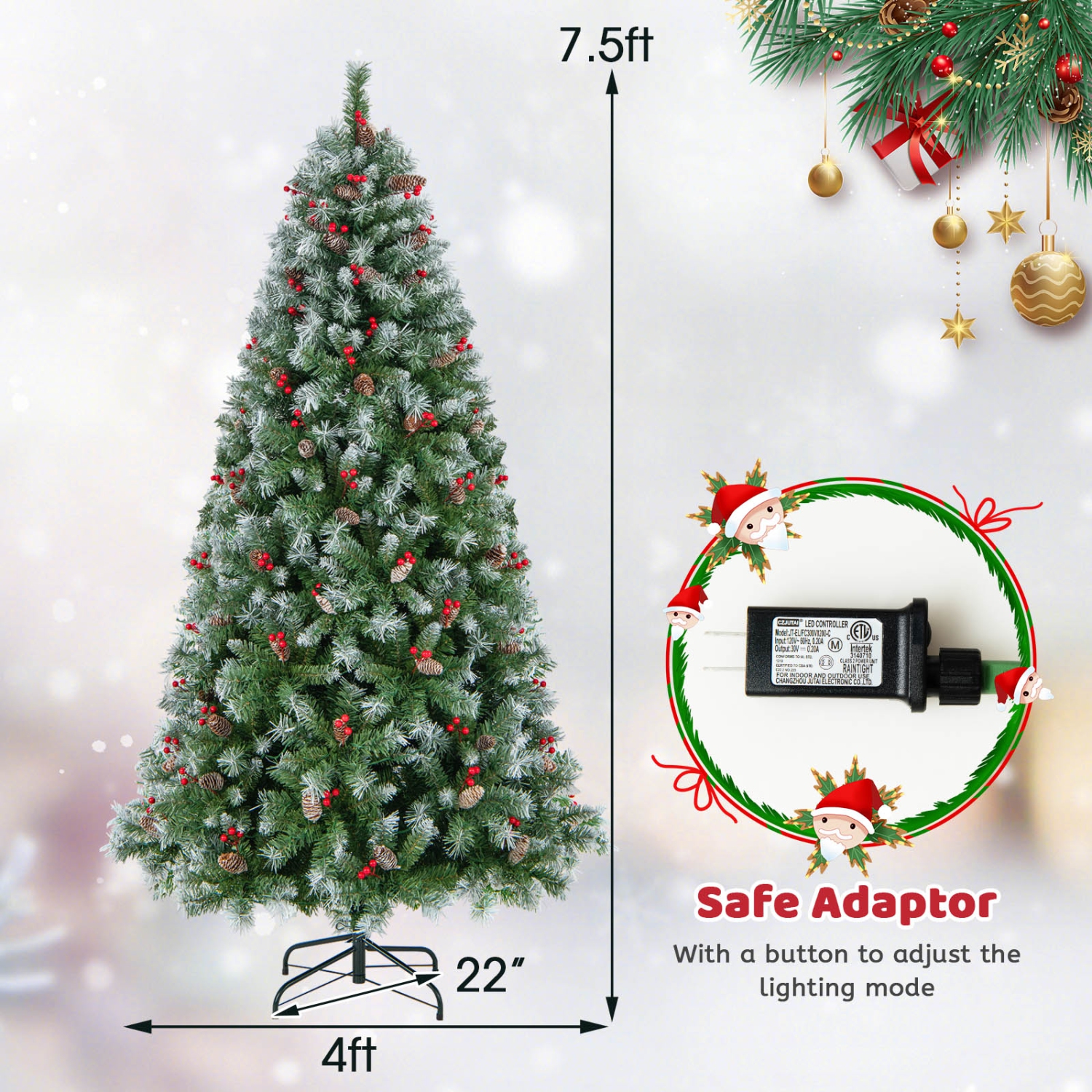 Topbuy 5ft/6.5ft/7.5ft/9ft Pre-lit Artificial Christmas Tree Pre-decorated Hinged Xmas Tree with 450/909/1368/1740 Branch Tips 200/420/560/650 LED