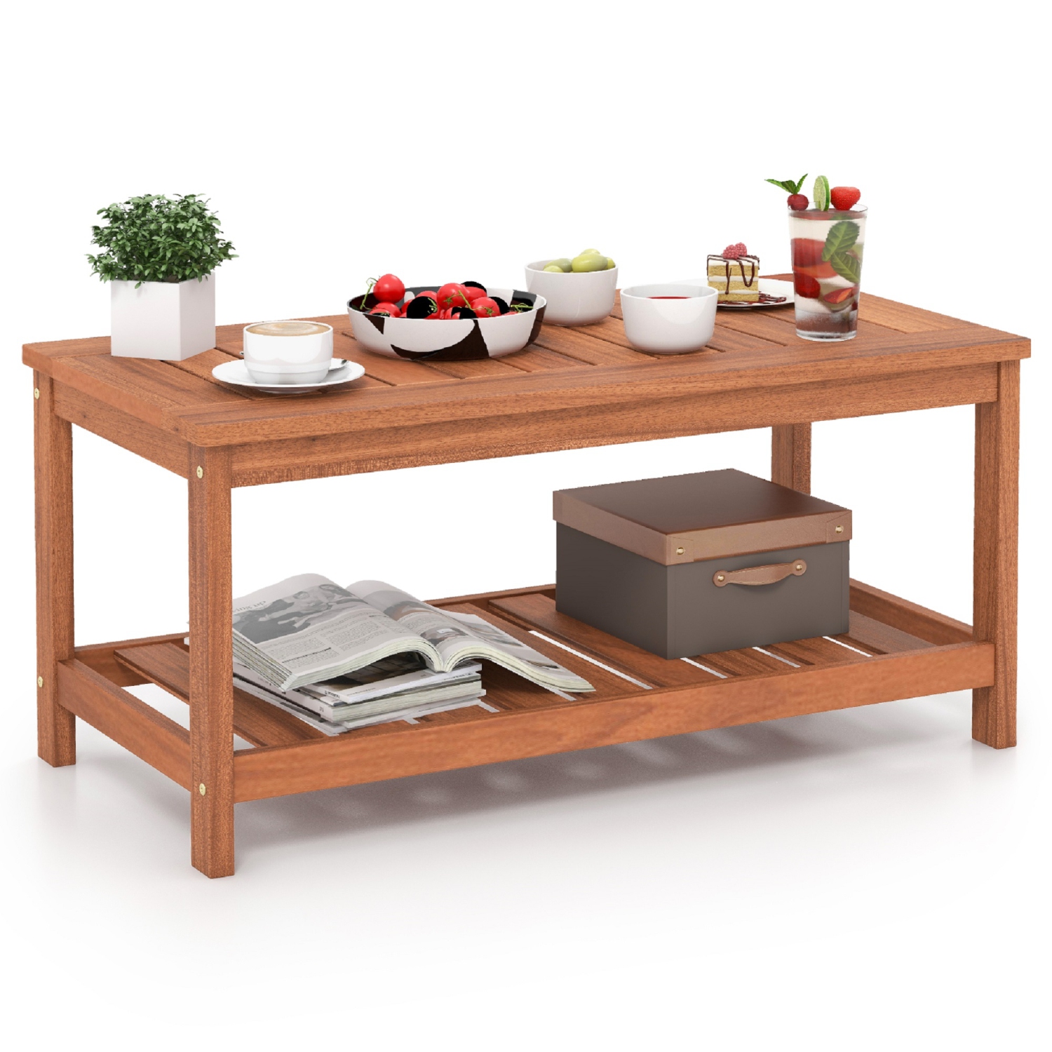 Topbuy Patio Hardwood Coffee Table 2-Tier Wooden Coffee Table with Slatted Tabletop & Storage Shelf Outdoor Rectangular Cocktail Table