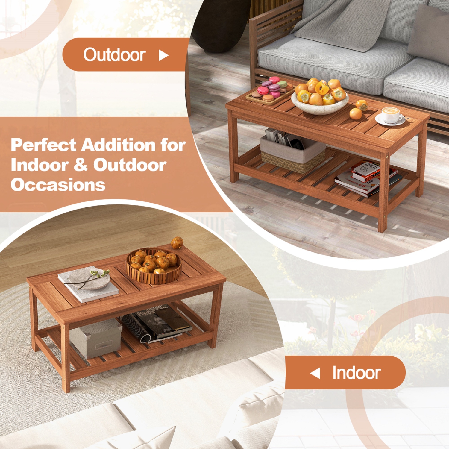 Topbuy Patio Hardwood Coffee Table 2-Tier Wooden Coffee Table with Slatted Tabletop & Storage Shelf Outdoor Rectangular Cocktail Table