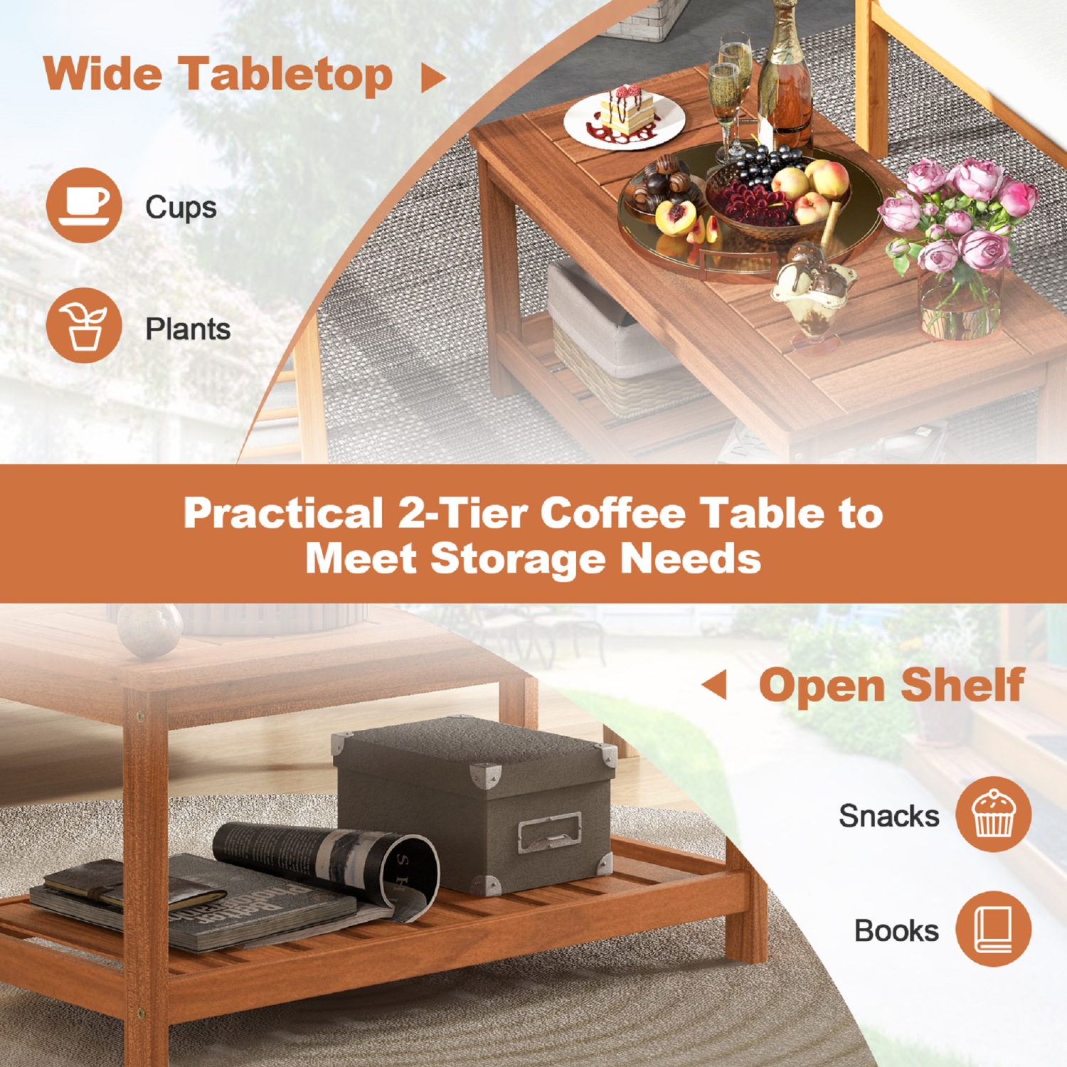 Topbuy Patio Hardwood Coffee Table 2-Tier Wooden Coffee Table with Slatted Tabletop & Storage Shelf Outdoor Rectangular Cocktail Table