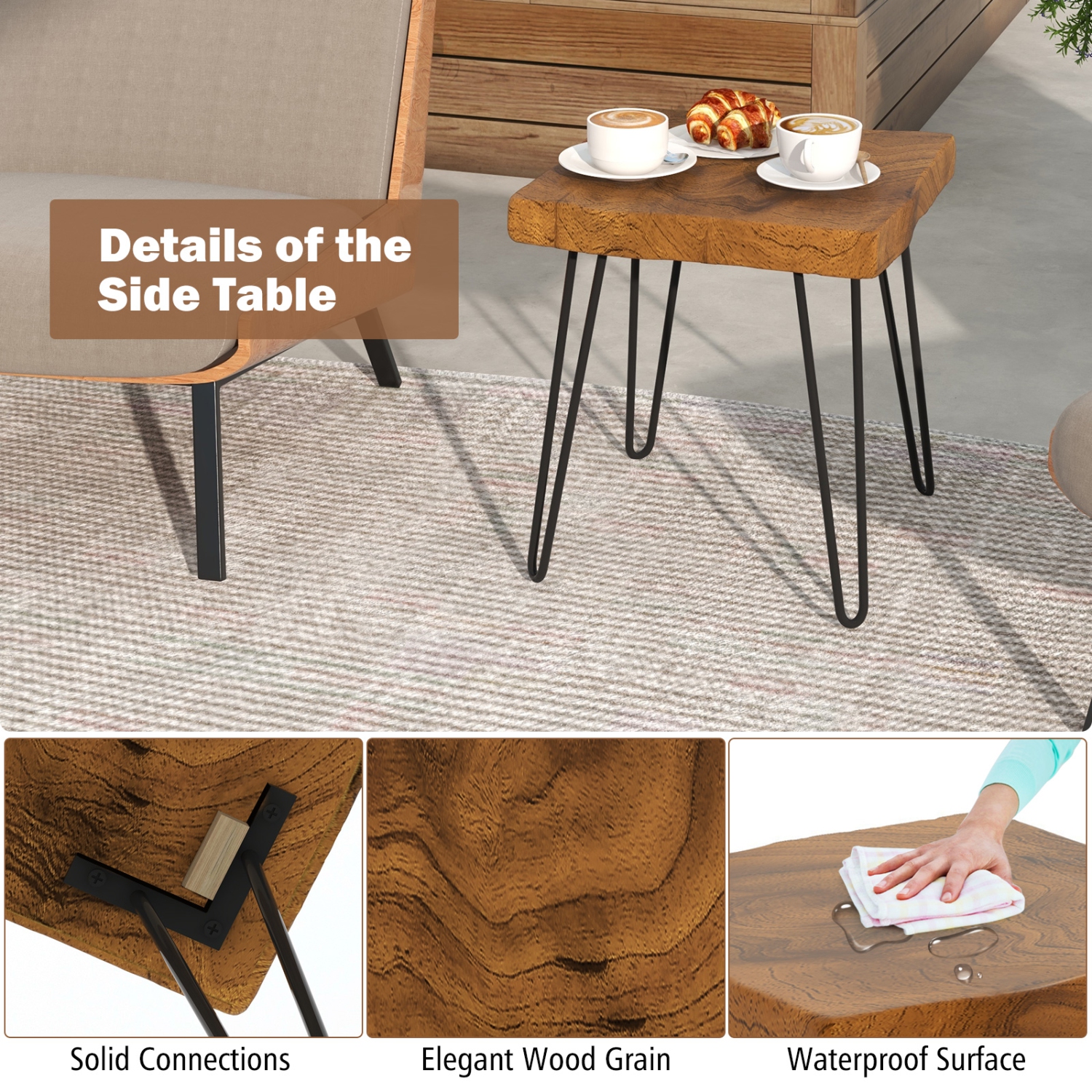 Table d'appoint d'intérieur carrée en teck massif 1PC/2pcs 16 x 16 po avec pattes en métal et table d'extrémité d'extérieur en bois massif de Topbuy