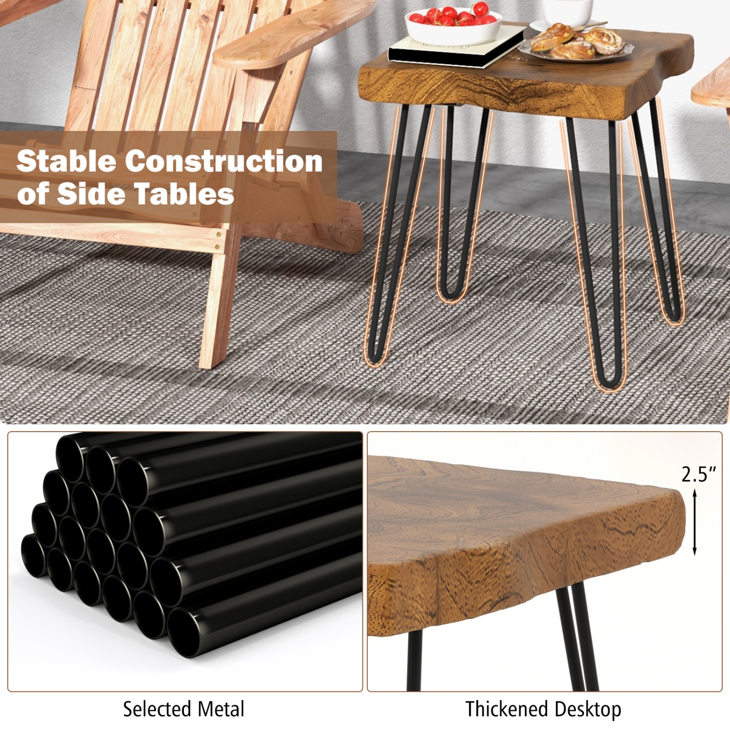 Table d'appoint d'intérieur carrée en teck massif 1PC/2pcs 16 x 16 po avec pattes en métal et table d'extrémité d'extérieur en bois massif de Topbuy