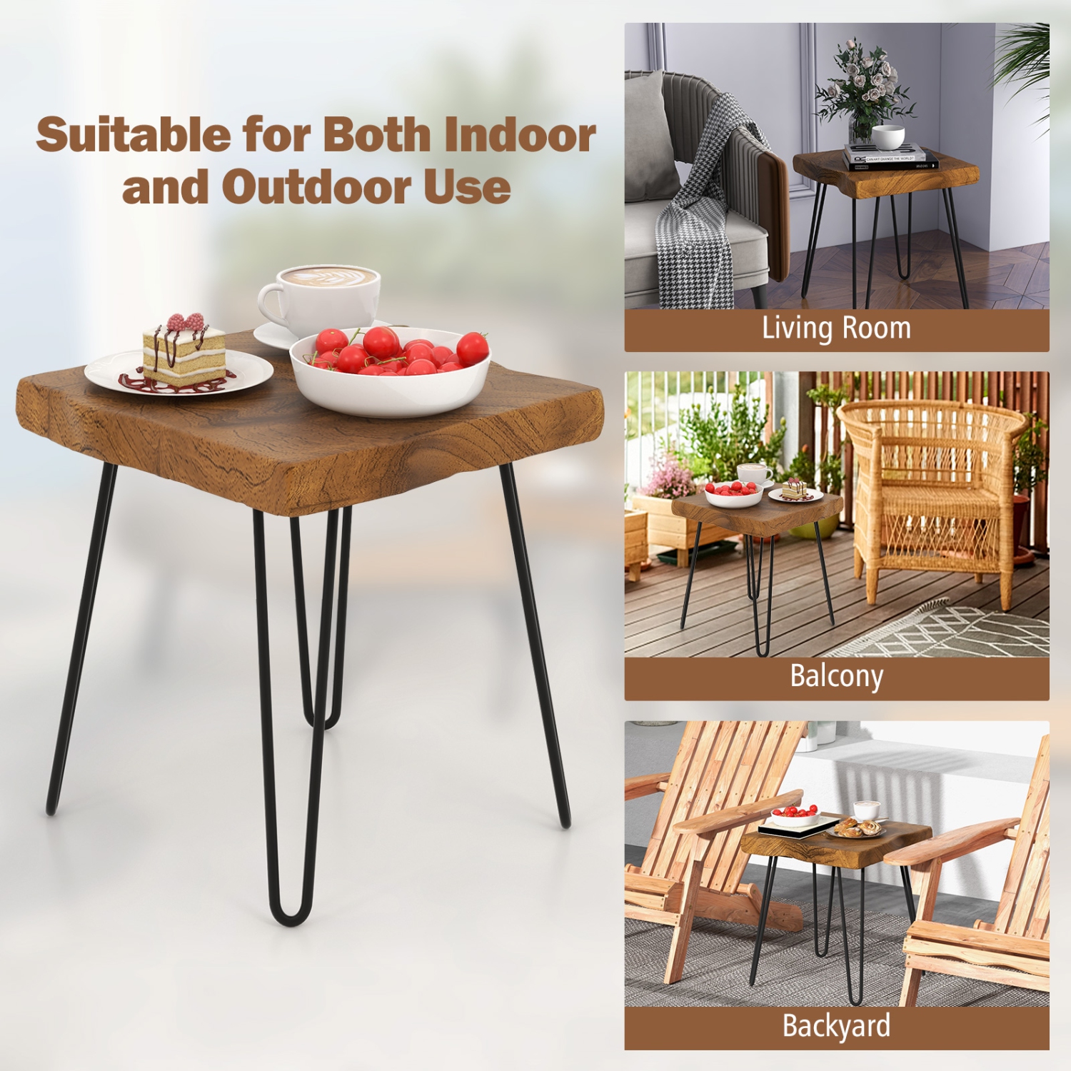 Table d'appoint d'intérieur carrée en teck massif 1PC/2pcs 16 x 16 po avec pattes en métal et table d'extrémité d'extérieur en bois massif de Topbuy